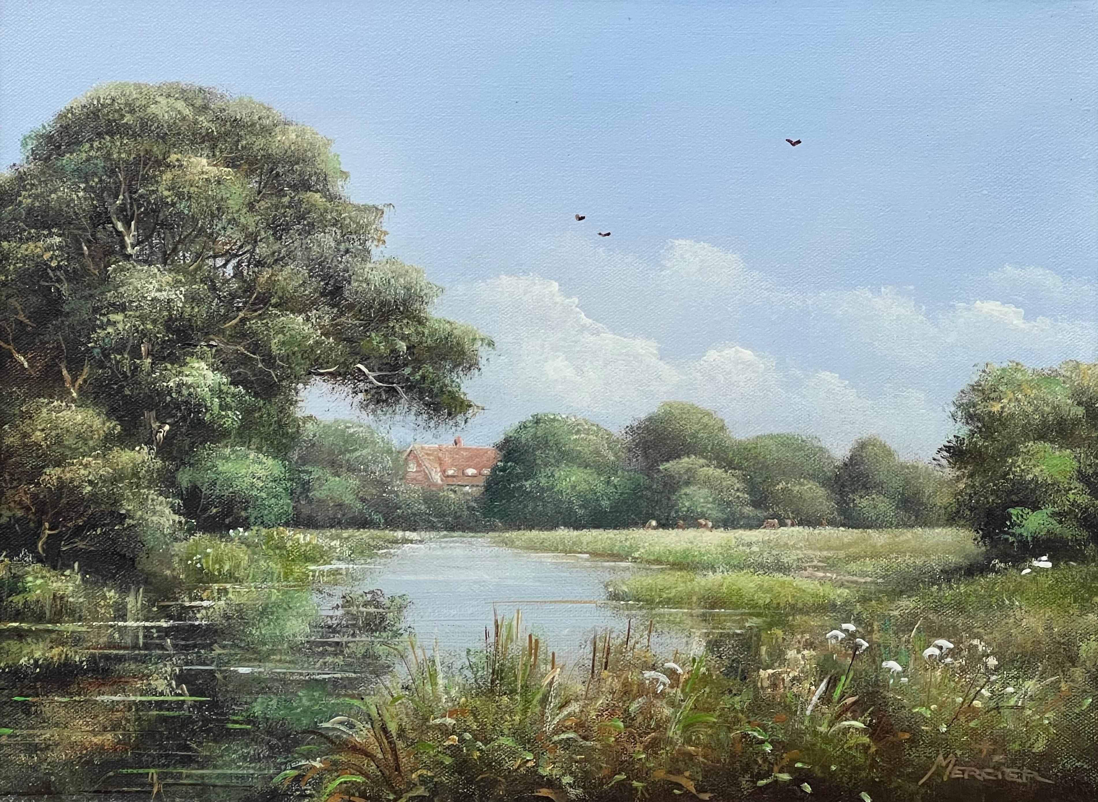 Pradera fluvial con ganado y cabaña en la campiña inglesa por Artista británico - Painting de Tony Mercier