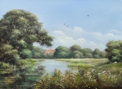 Prato fluviale con bestiame e cottage nella campagna inglese di un artista britannico