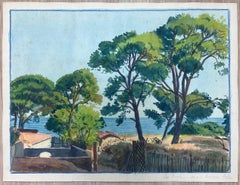 Pini luminosi che si affacciano sul mare blu brillante di Mont Boron, bel dipinto