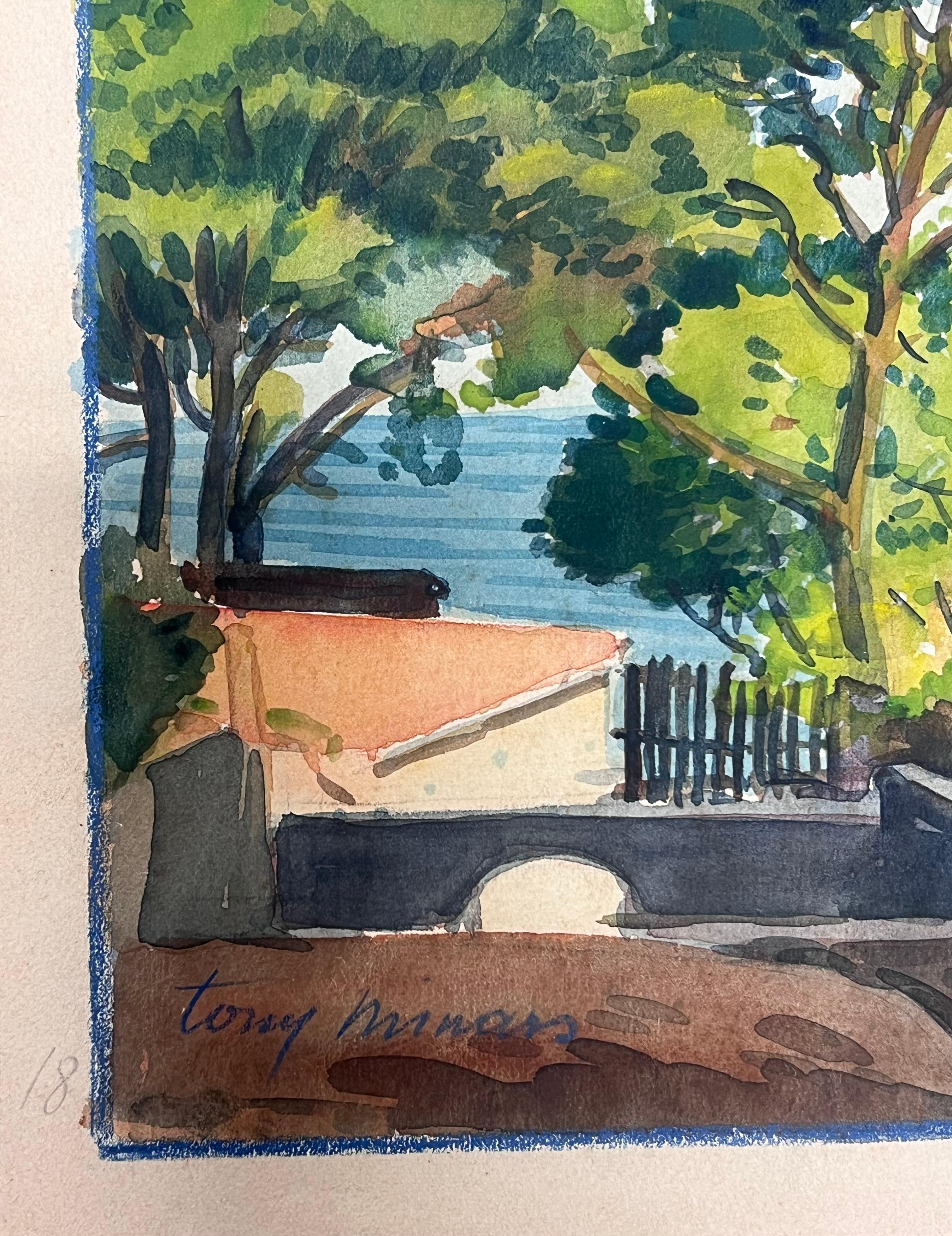 Pini luminosi che si affacciano sul mare blu brillante di Mont Boron, bel dipinto - Landscape Art Grigio di  Tony Minartz 