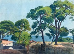 Pinares Brillantes con Vistas al Mar Azul Brillante de Mont Boron, Bonita Pintura