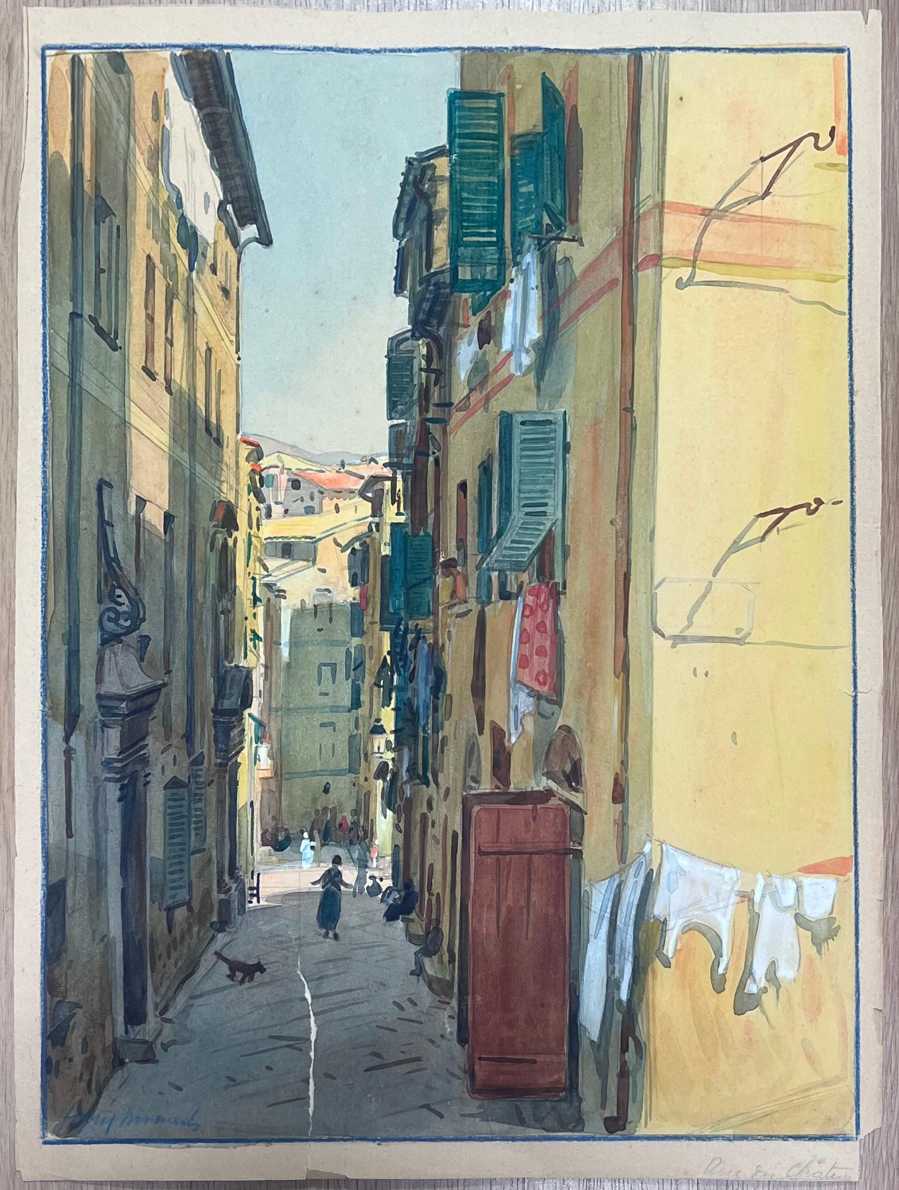 Acuarela Impresionista Francesa Antigua Casas de la Calle Trasera de Niza - Art de  Tony Minartz 