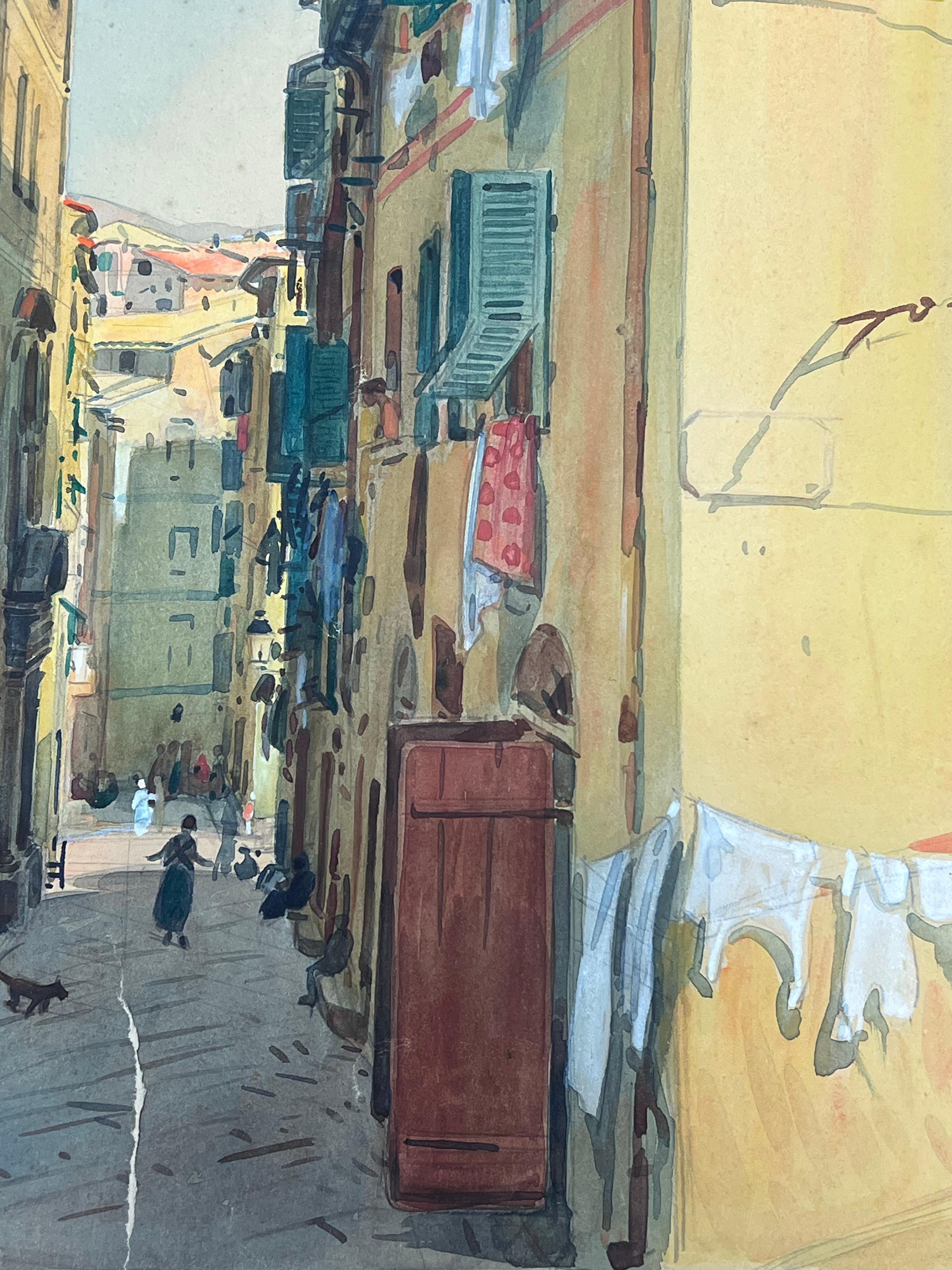 Acuarela Impresionista Francesa Antigua Casas de la Calle Trasera de Niza - Art Posimpresionista de  Tony Minartz 