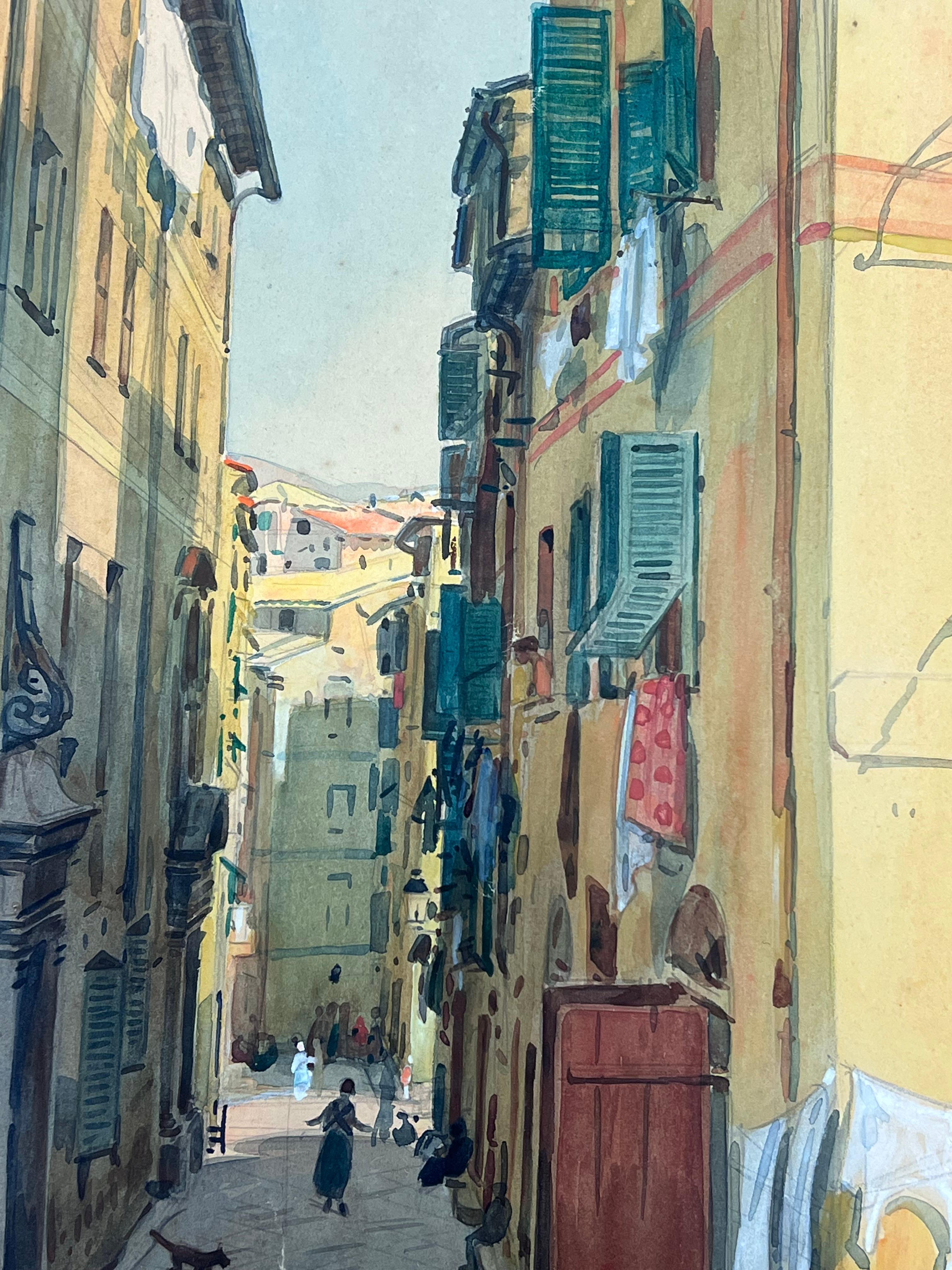 Acuarela Impresionista Francesa Antigua Casas de la Calle Trasera de Niza - Landscape Art Gris de  Tony Minartz 