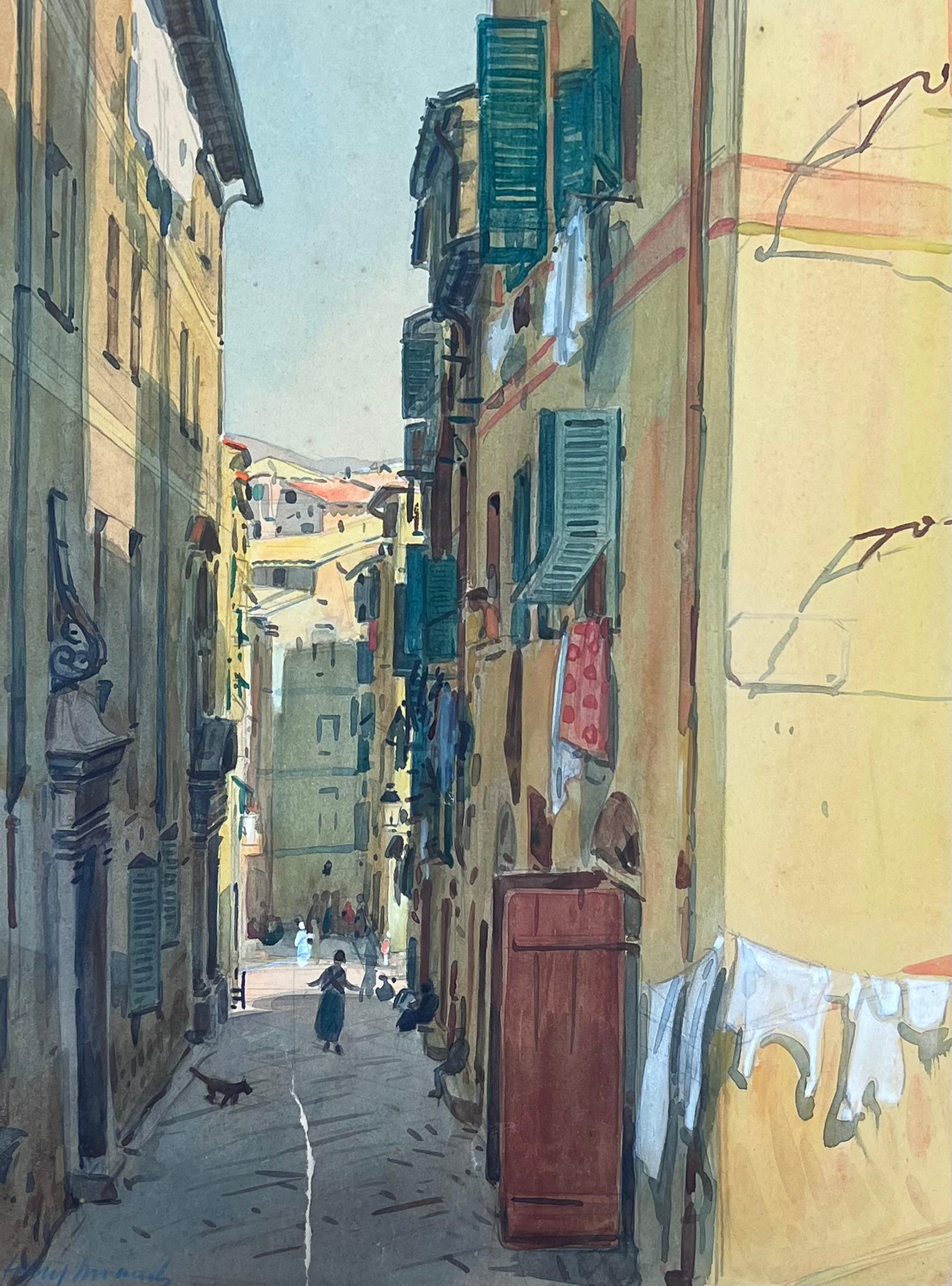 Casco antiguo de Niza
Tony Minartz (francés, 1873 - 1994)   
firmado esquina inferior
acuarela sobre papel de artista
cuadro : 16,5 x 13 pulgadas
Procedencia: colección privada en el sur de Francia, 
Estado: rasgadura antigua en el papel como se
