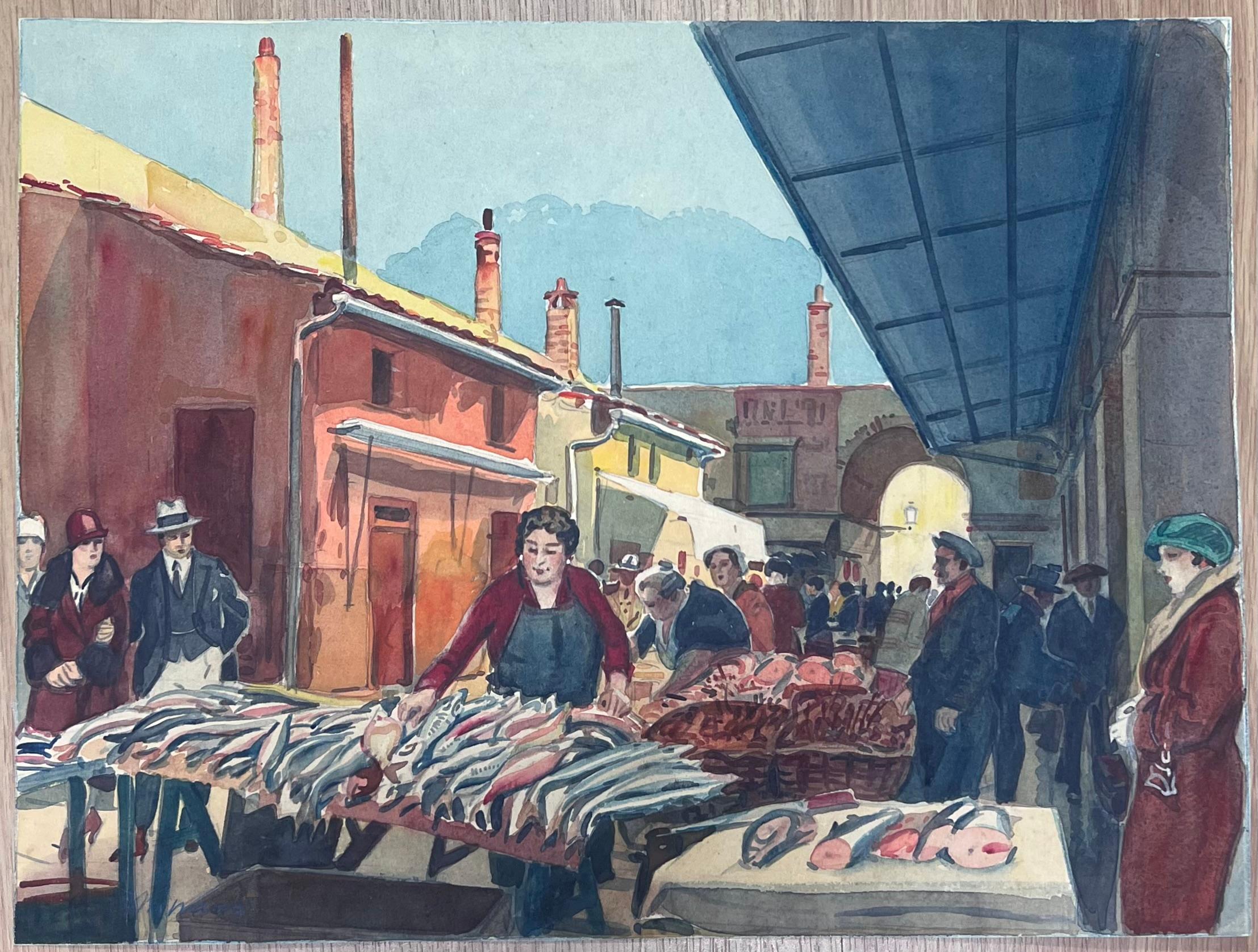 Figures in Bustling Fish Market in Nice France Vintage Watercolour Painting - Art by  Tony Minartz 
