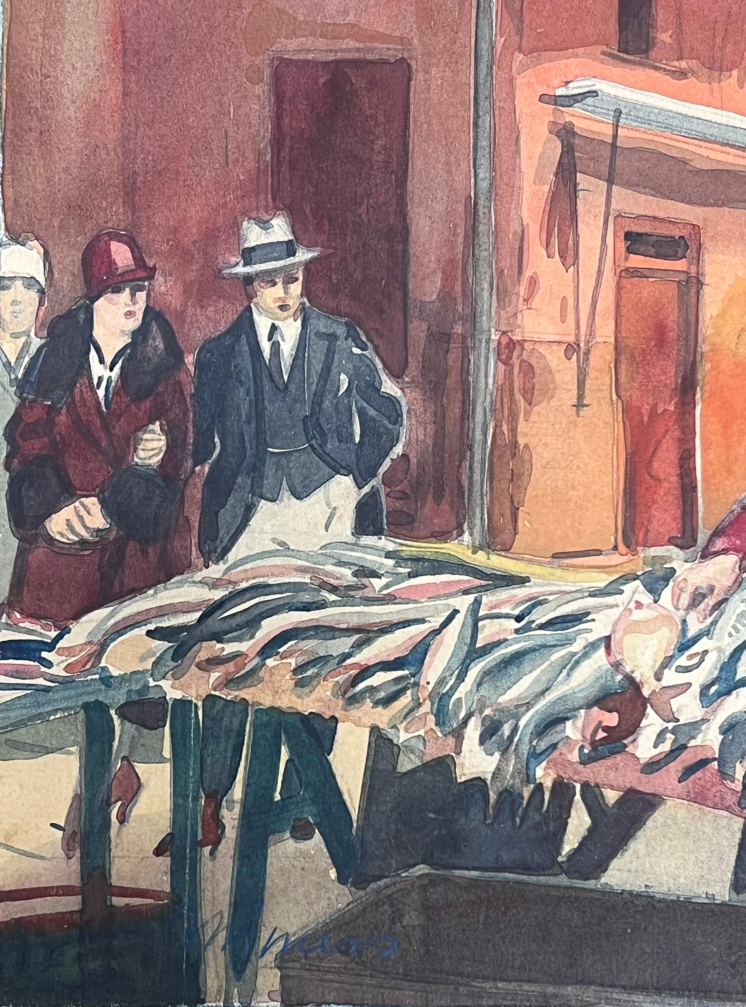 Figures in Bustling Fish Market in Nice France Vintage Watercolour Painting - Post-Impressionist Art by  Tony Minartz 