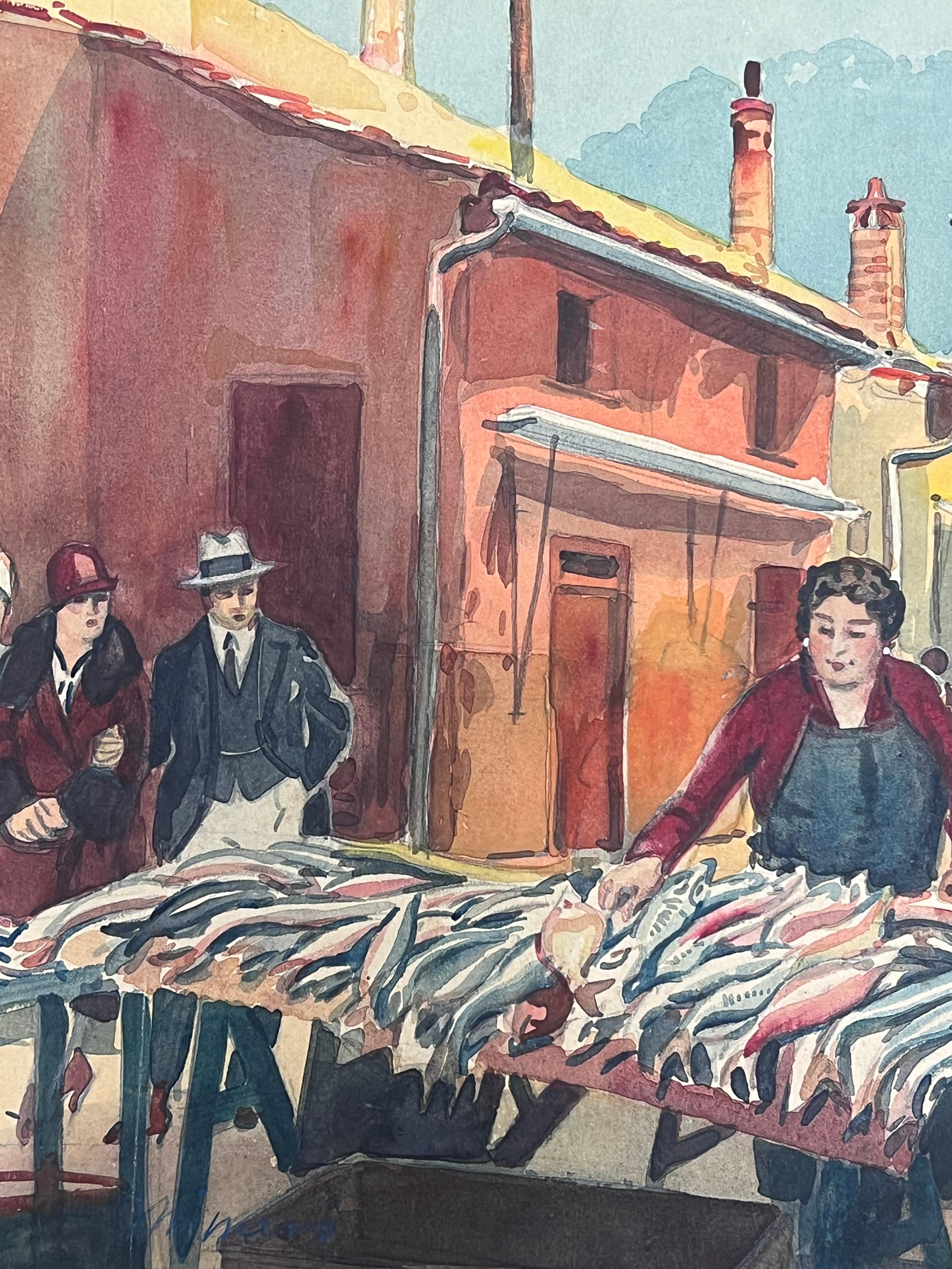 Figures in Bustling Fish Market in Nice France Vintage Watercolour Painting - Gray Landscape Art by  Tony Minartz 
