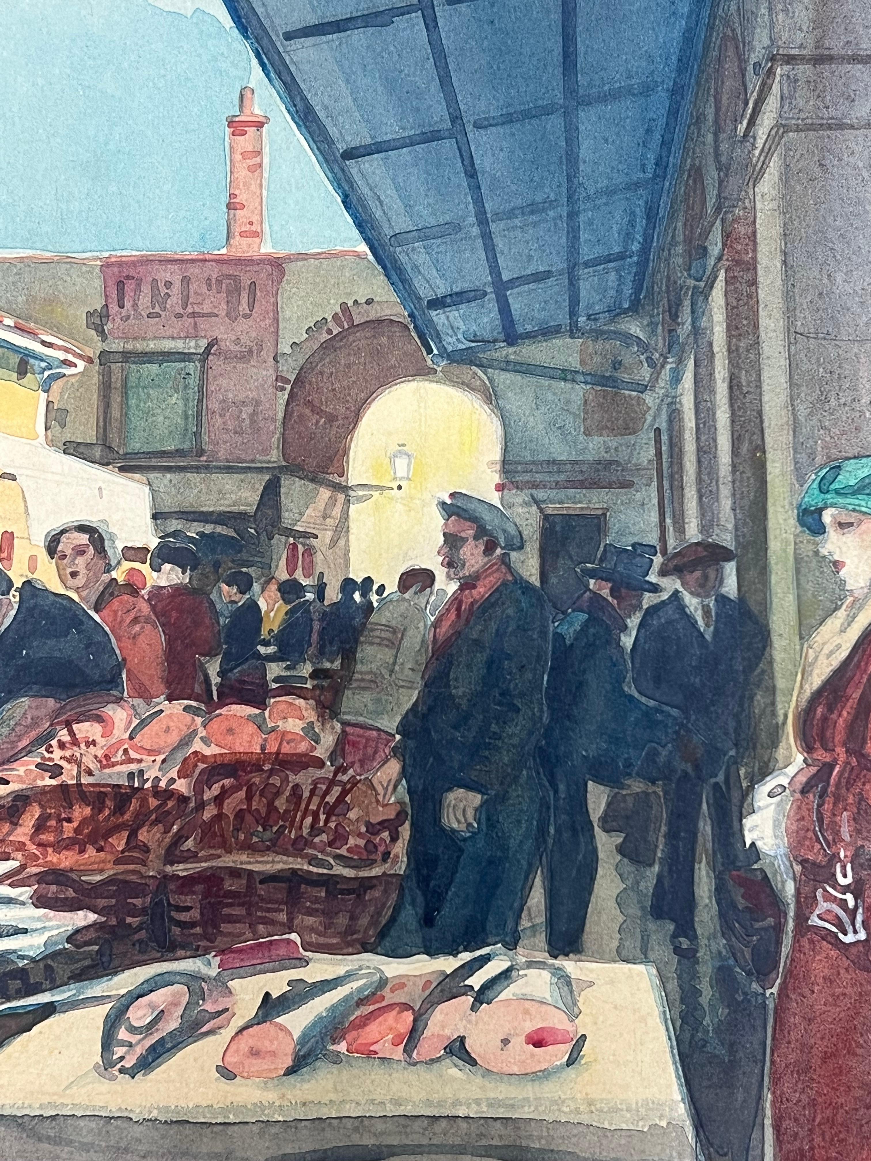 Figures in Bustling Fish Market in Nice France Vintage Watercolour Painting For Sale 1