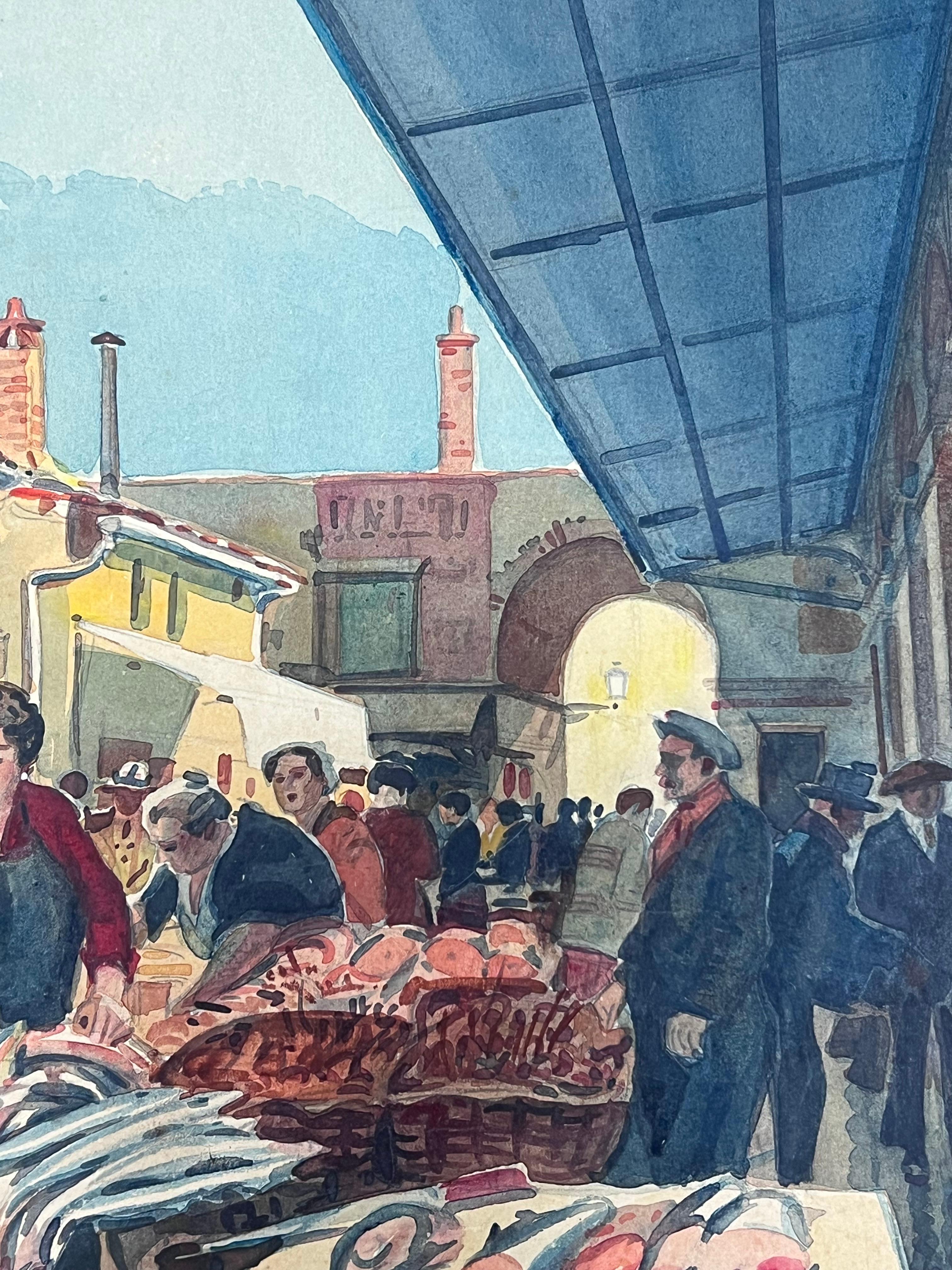 Figures in Bustling Fish Market in Nice France Vintage Watercolour Painting For Sale 2