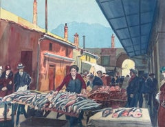 Figures in Bustling Fish Market in Nice France Vintage Watercolour Painting