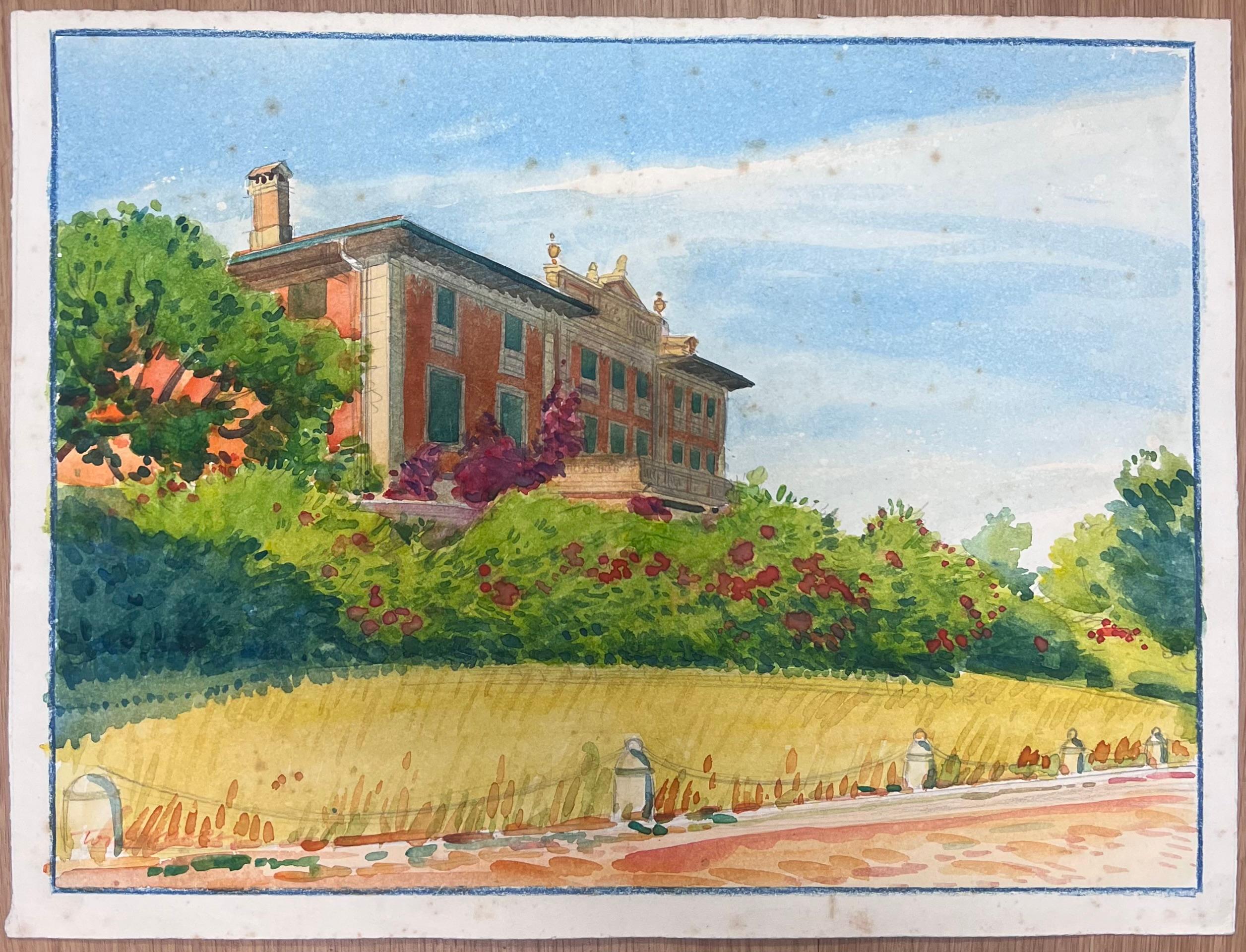 Grand Mediterranean Villa in Beaulie - Sur - Mer French Watercolour Painting - Gray Landscape Painting by  Tony Minartz 