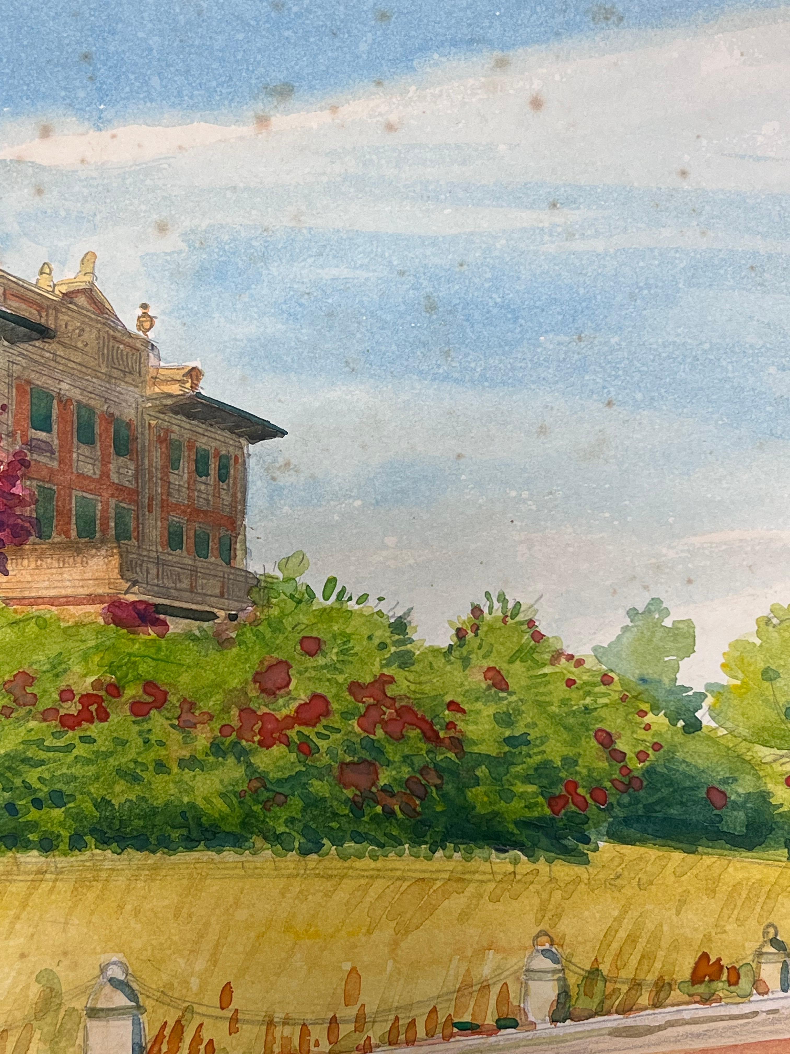 Grand Mediterranean Villa in Beaulie - Sur - Mer French Watercolour Painting For Sale 1