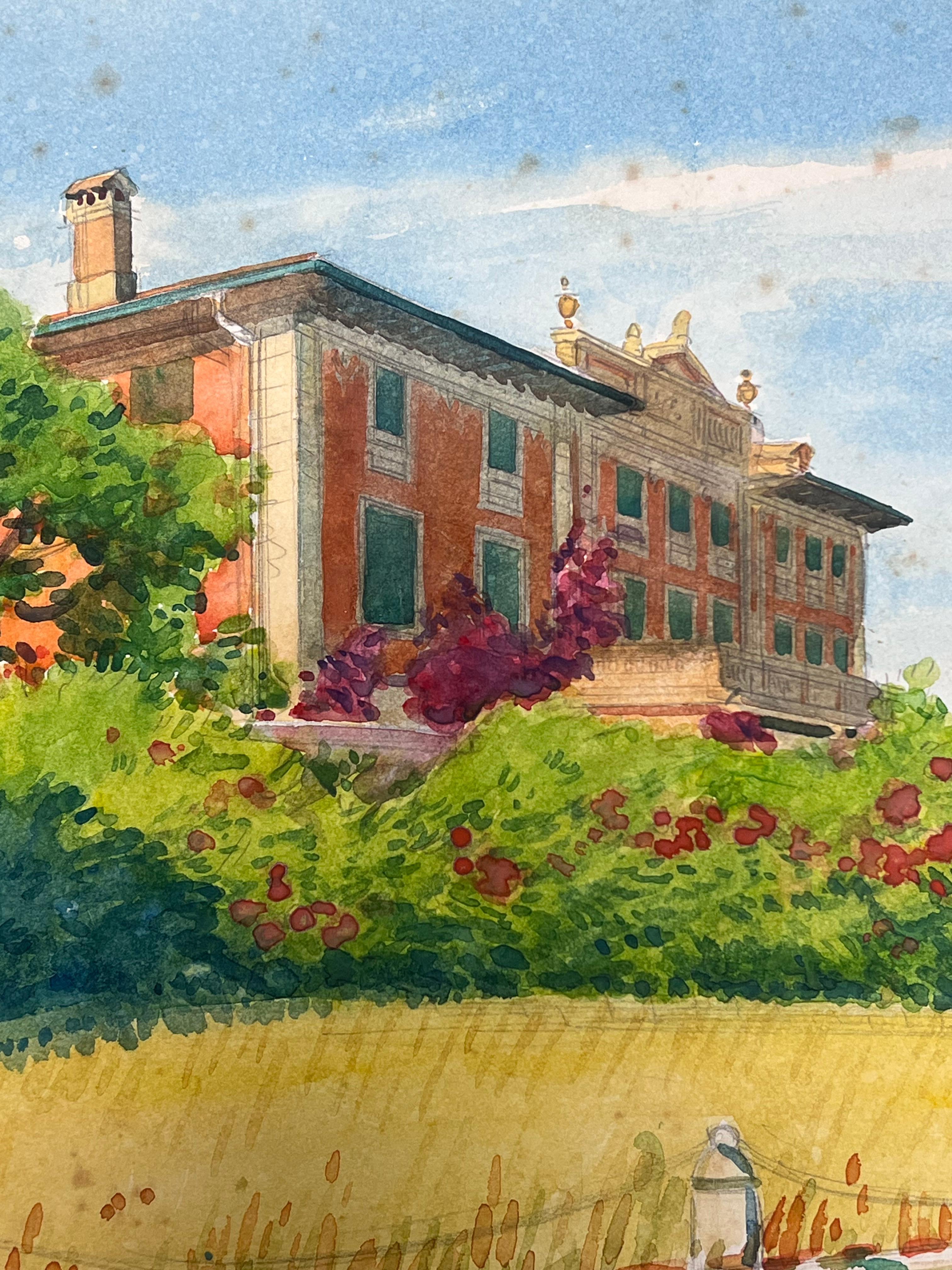 Grand Mediterranean Villa in Beaulie - Sur - Mer French Watercolour Painting For Sale 2