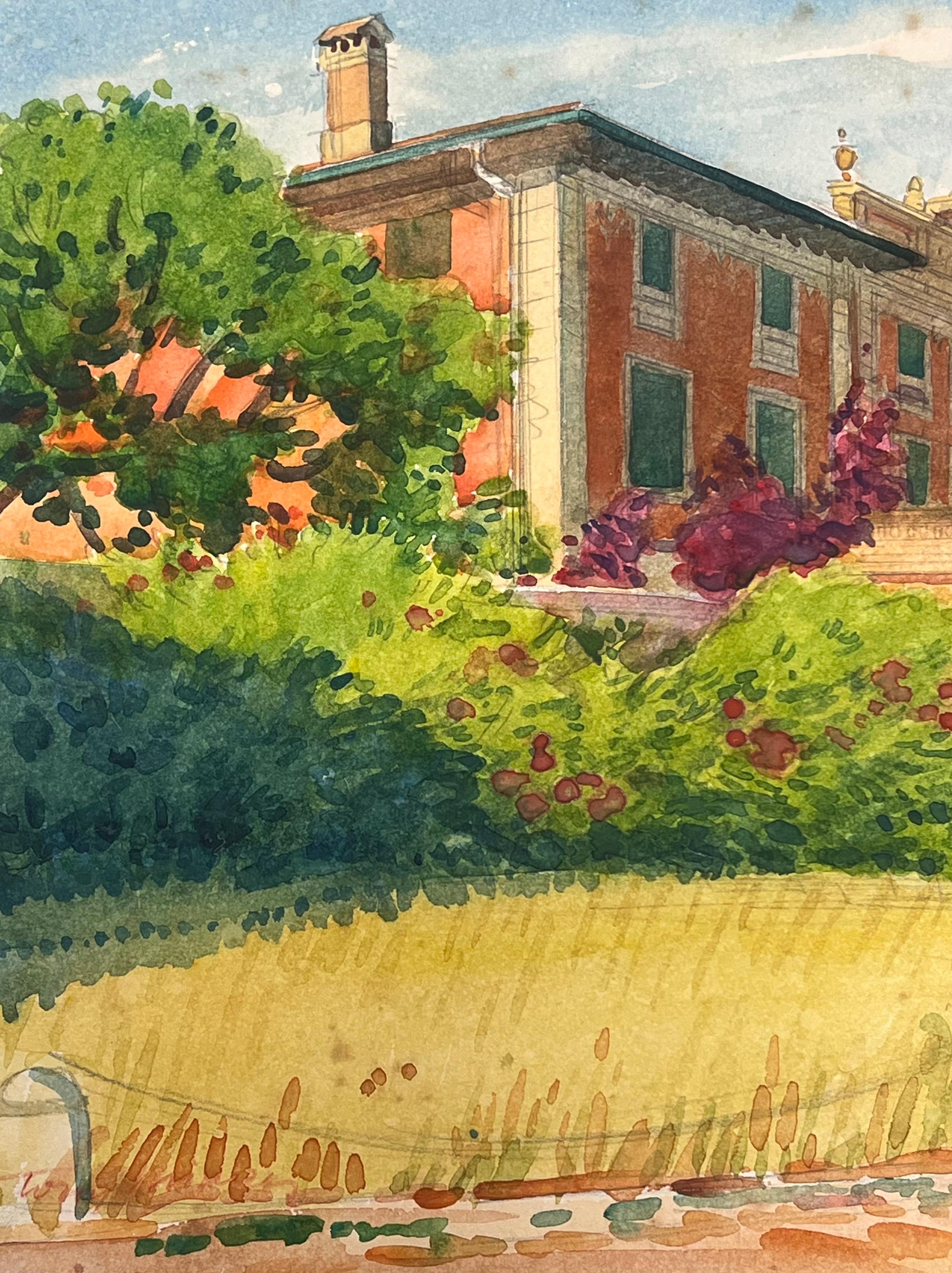 Grand Mediterranean Villa in Beaulie - Sur - Mer French Watercolour Painting For Sale 3
