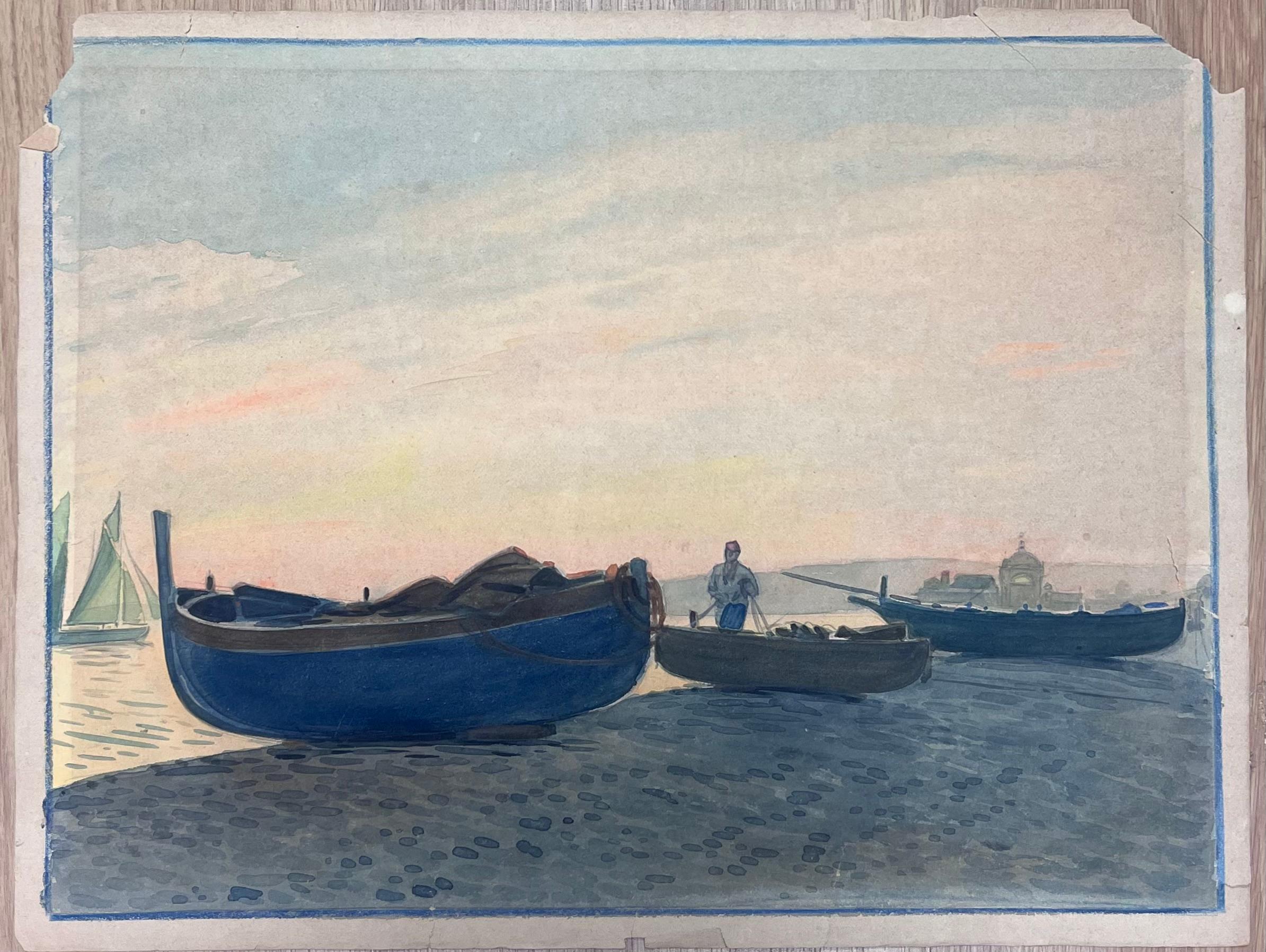 Scène de port au crépuscule avec des pêcheurs et des bateaux en bois se reposant sur la rive - Painting de  Tony Minartz 