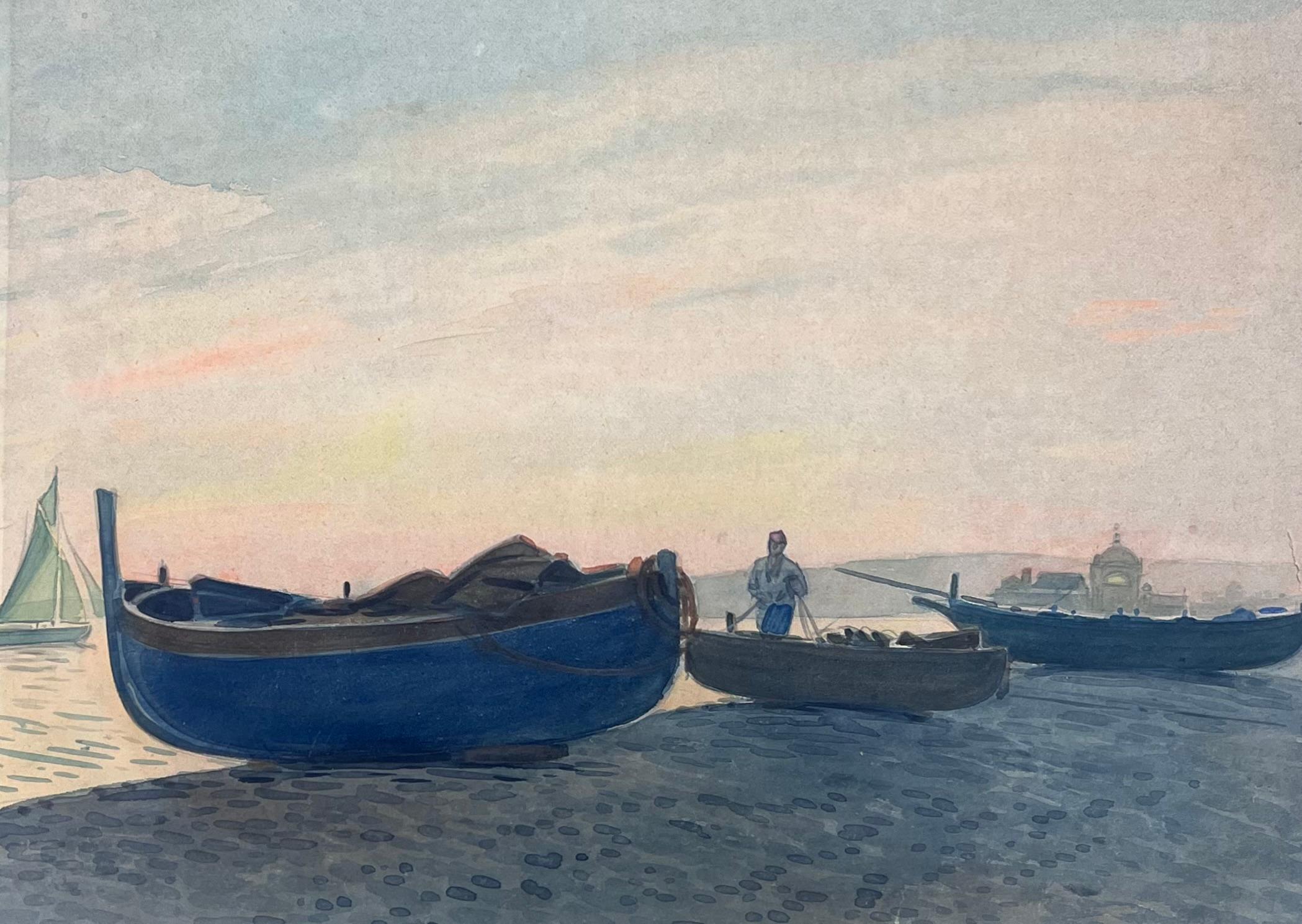 Scène portuaire paisible au crépuscule
Tony Minartz (français, 1873 - 1994)  
aquarelle sur papier d'artiste
peinture : 12.75 x 17 pouces
Collectional : collection privée dans le sud de la France, 
Condit : très bon état avec quelques marques d'âge