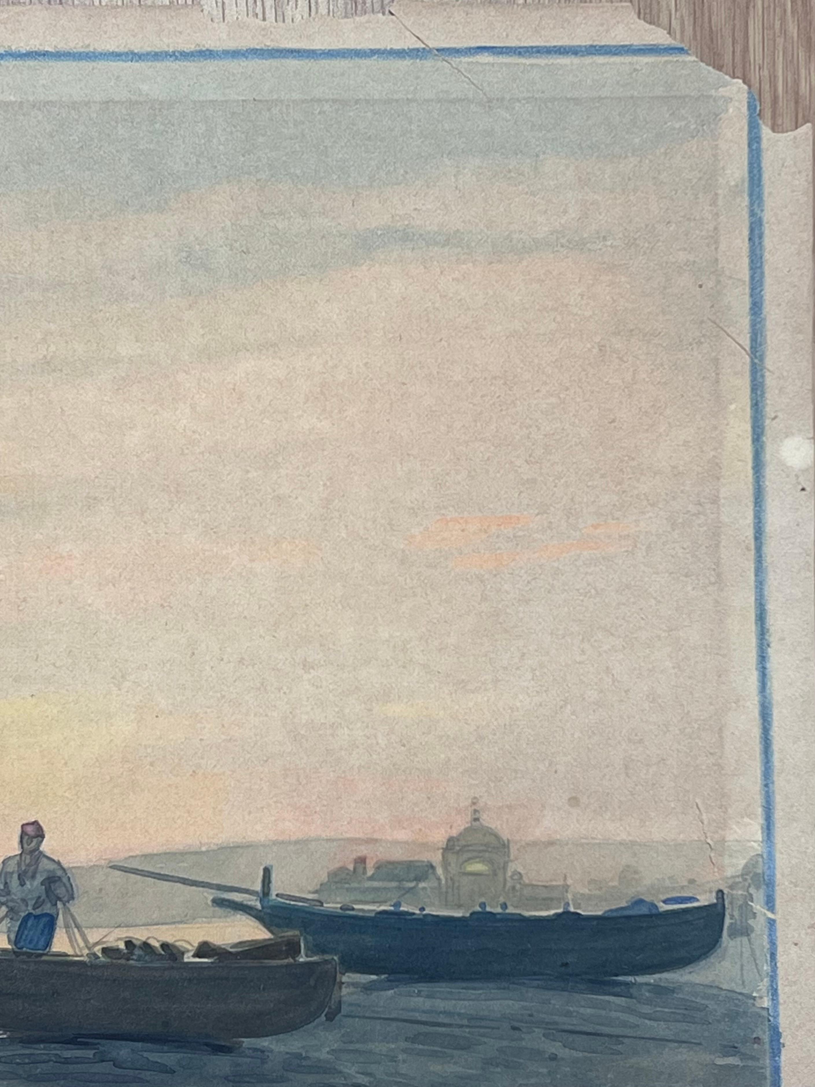 Scène de port au crépuscule avec des pêcheurs et des bateaux en bois se reposant sur la rive en vente 1