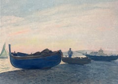 Harbor-Szene in der Abenddämmerung mit Fischern und Holzbooten, die an der Küste ruhen