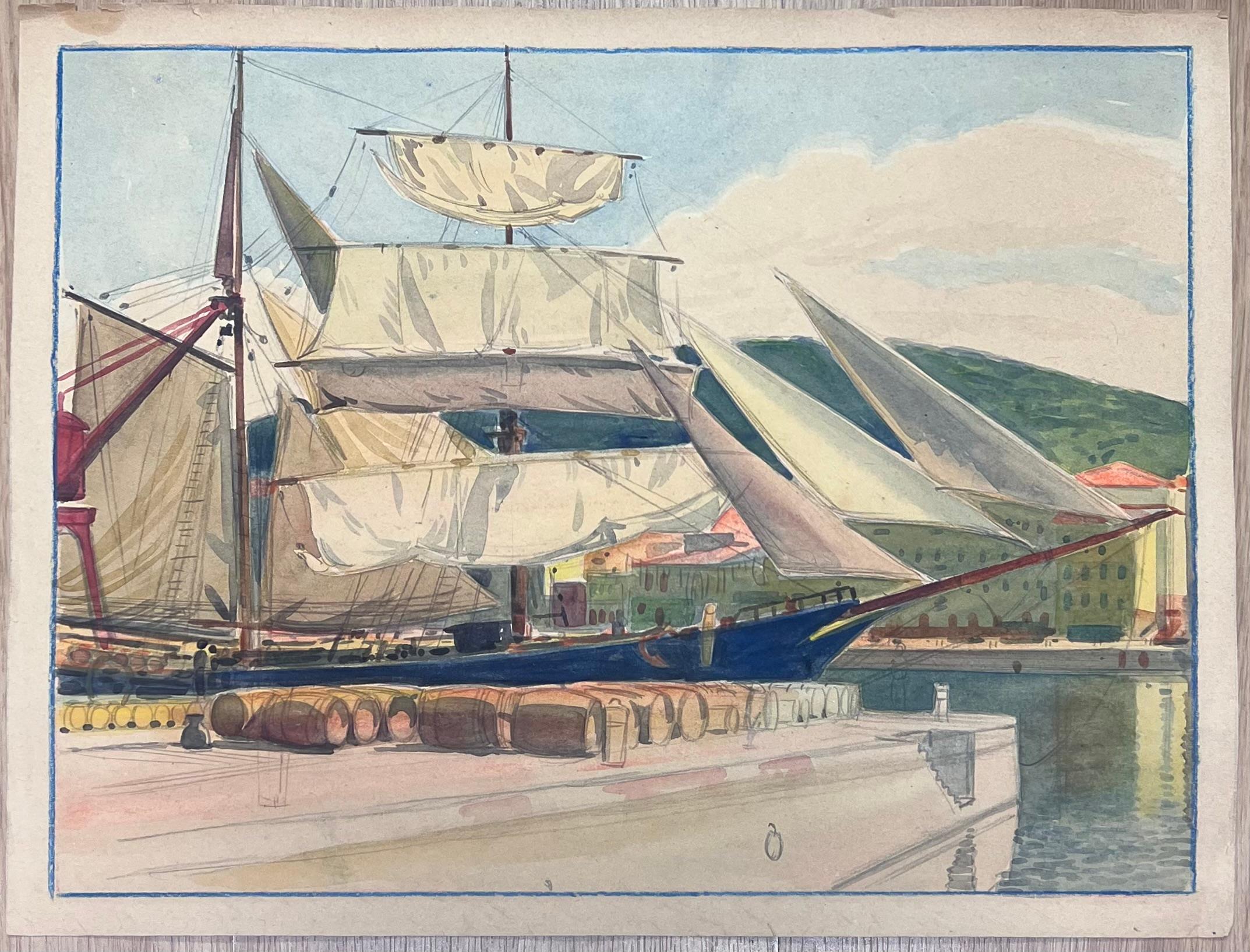 Hafenszene in Nizza Frankreich Classic Segelyacht mit wehenden Segeln Gemälde – Art von  Tony Minartz 