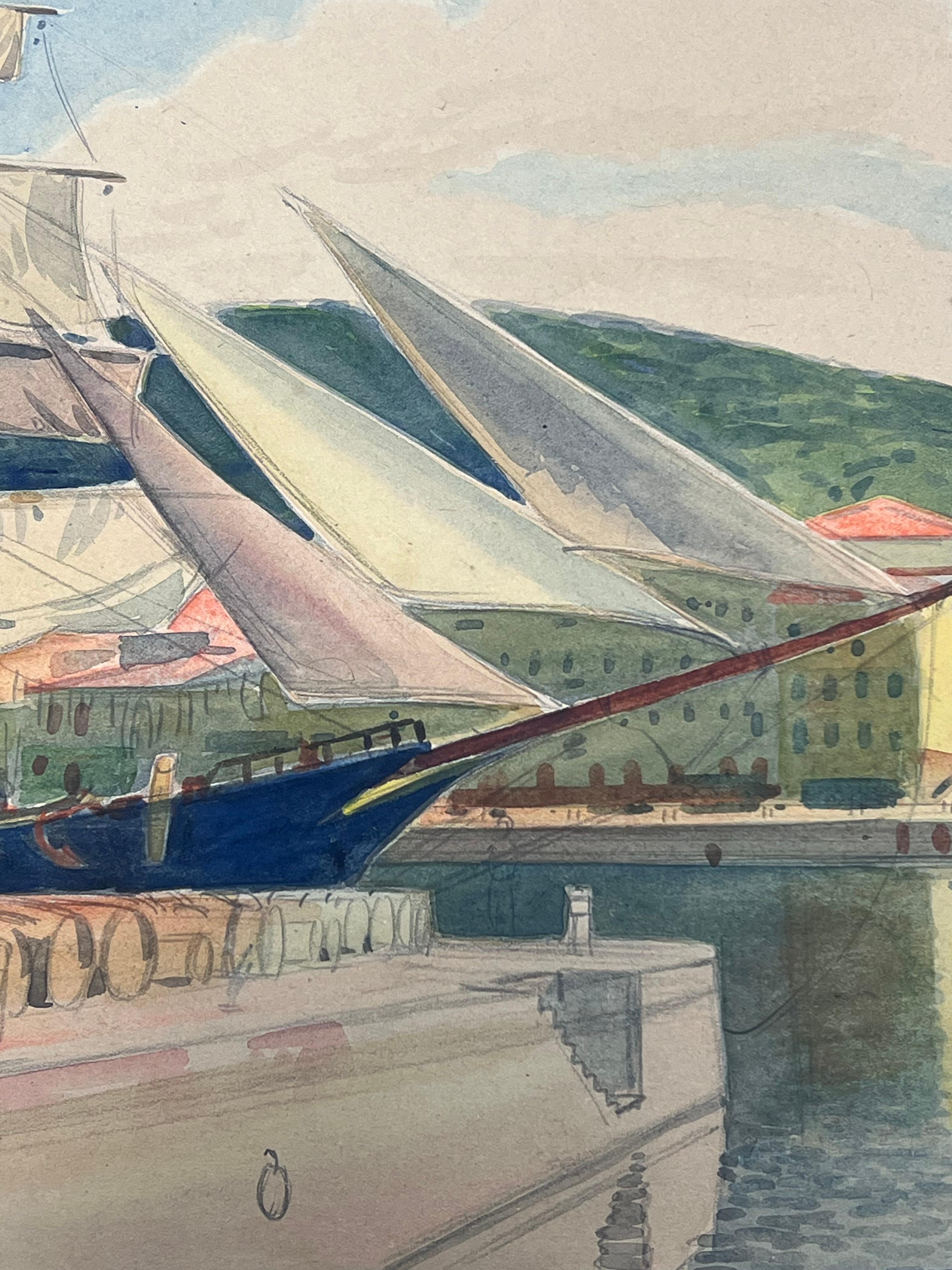 Hafenszene in Nizza Frankreich Classic Segelyacht mit wehenden Segeln Gemälde (Post-Impressionismus), Art, von  Tony Minartz 
