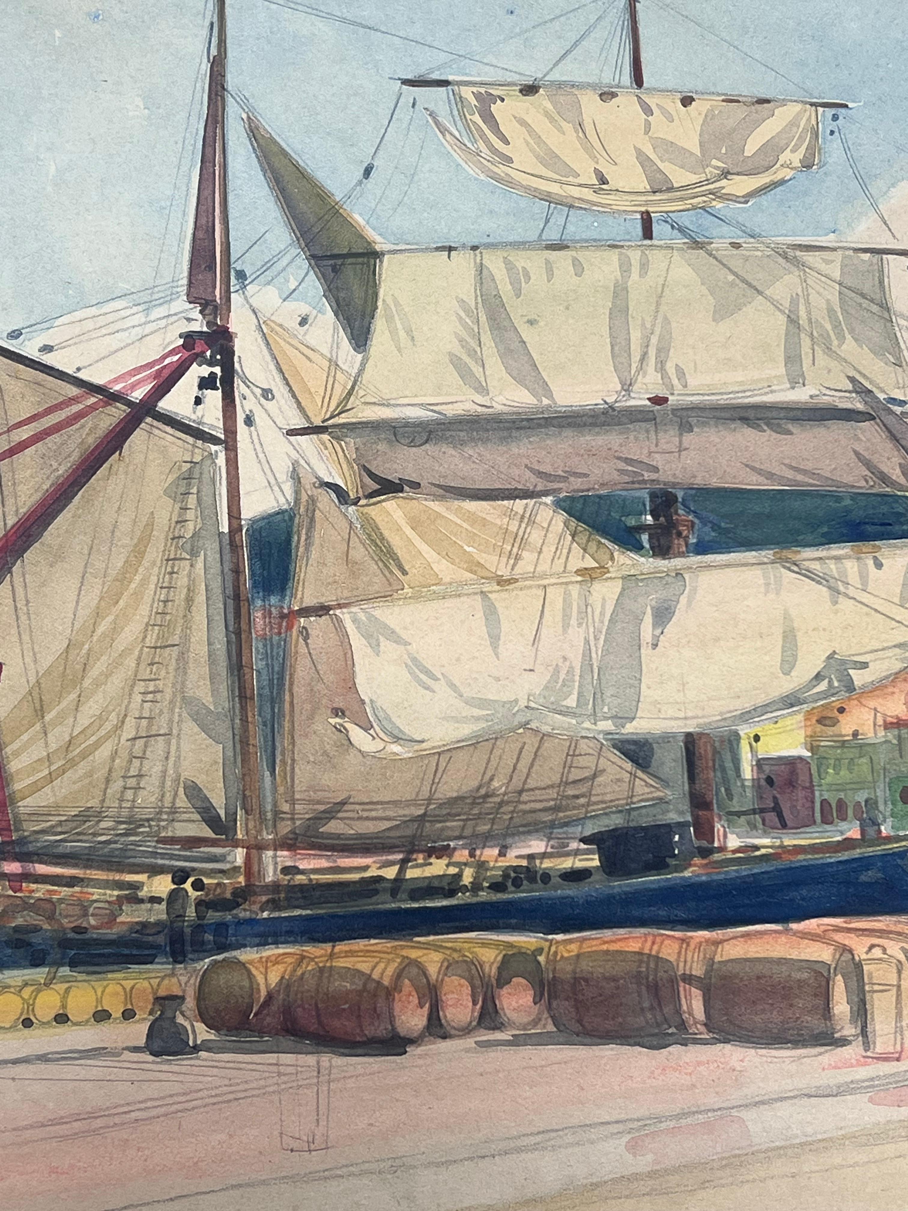 Hafenszene in Nizza Frankreich Classic Segelyacht mit wehenden Segeln Gemälde (Grau), Landscape Art, von  Tony Minartz 