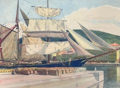 Escena portuaria en Niza, Francia Pintura Yate de vela clásico con velas ondeantes