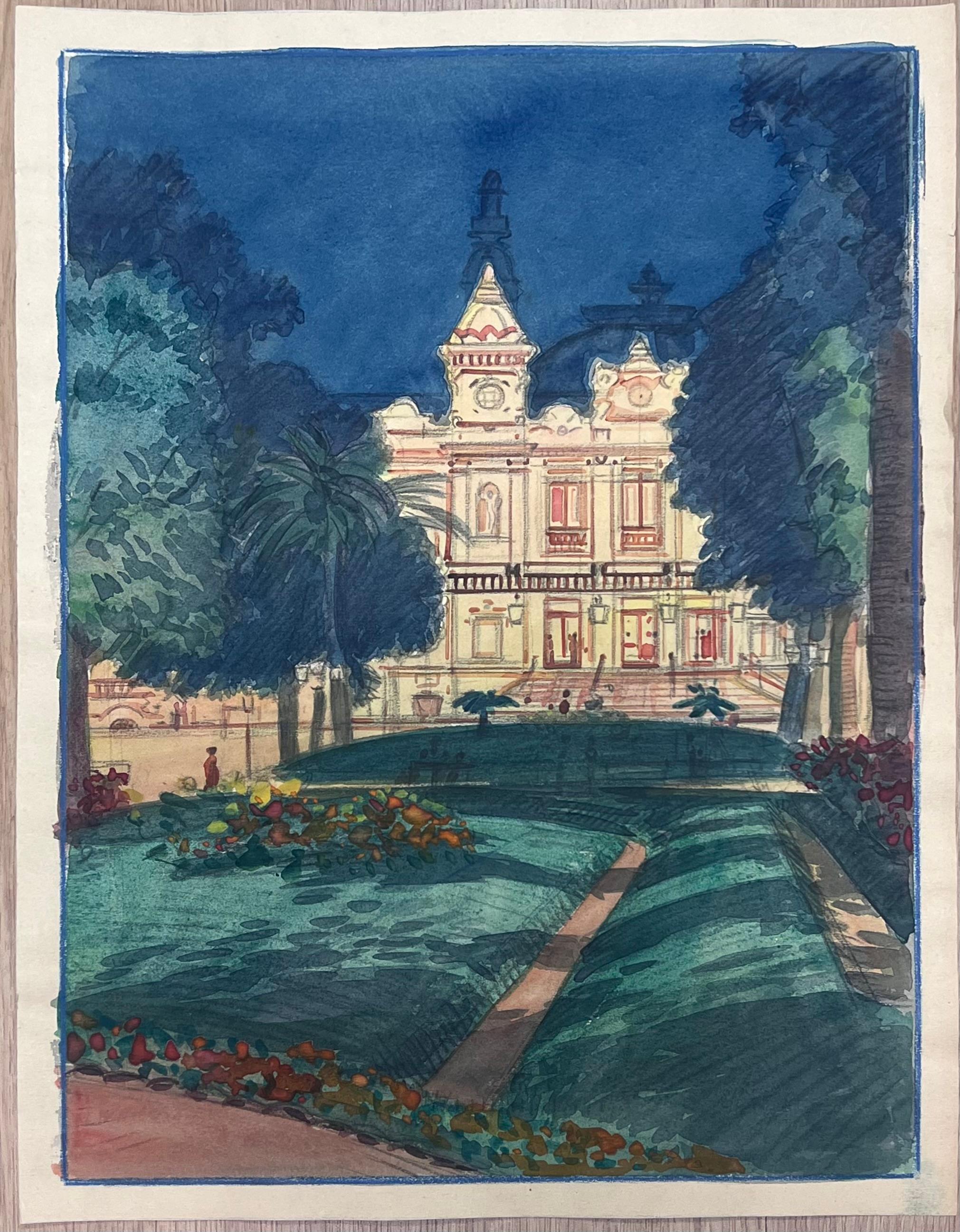 Casino de Montecarlo iluminado de noche Pintura francesa vintage en acuarela - Art de  Tony Minartz 