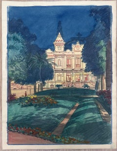 Illuminated Monte Carlo Casino at Night Vintage French Watercolour Painting