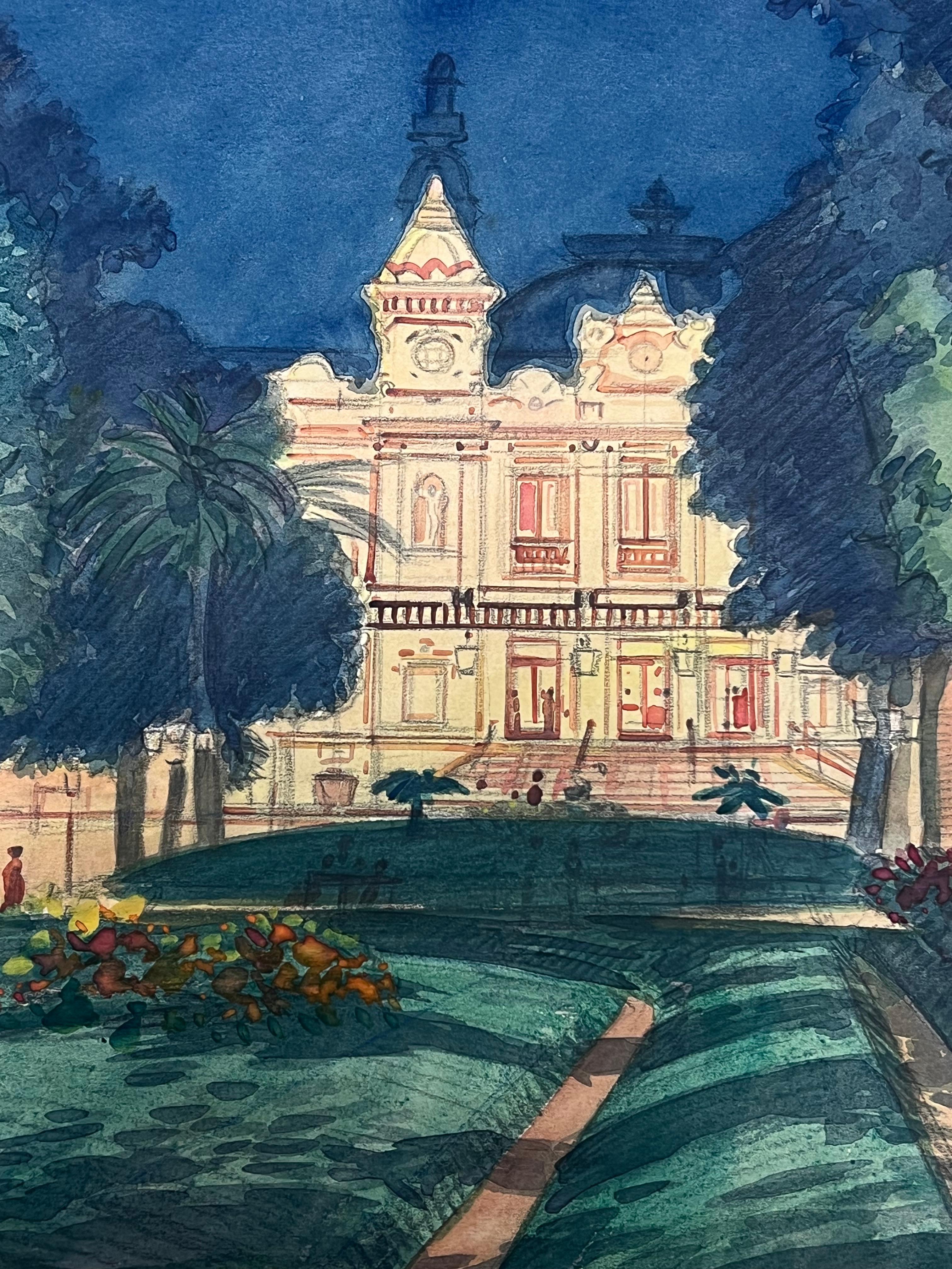 Casino de Montecarlo iluminado de noche Pintura francesa vintage en acuarela - Art Posimpresionista de  Tony Minartz 