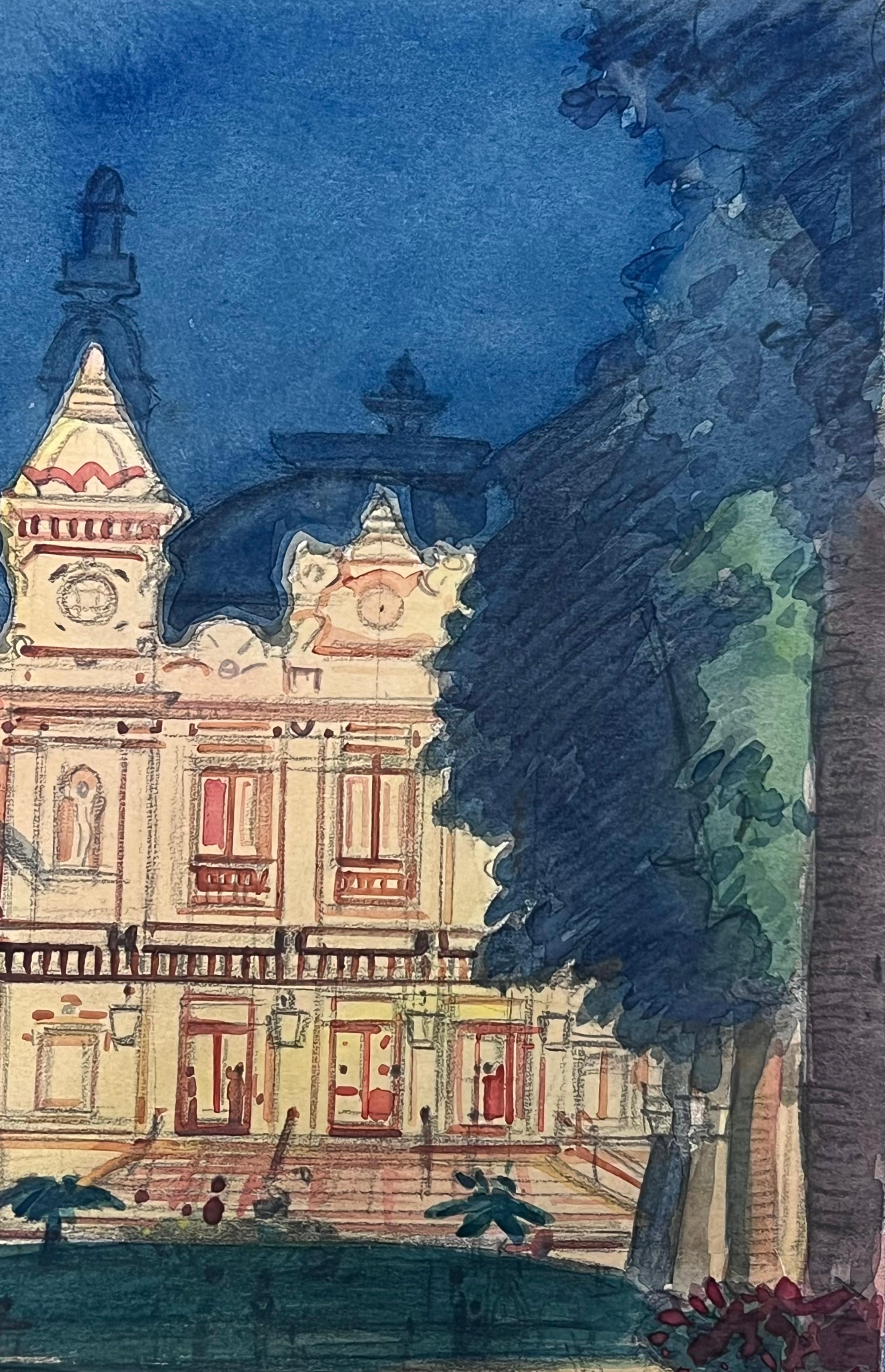 Casino de Montecarlo iluminado de noche Pintura francesa vintage en acuarela - Landscape Art Azul de  Tony Minartz 