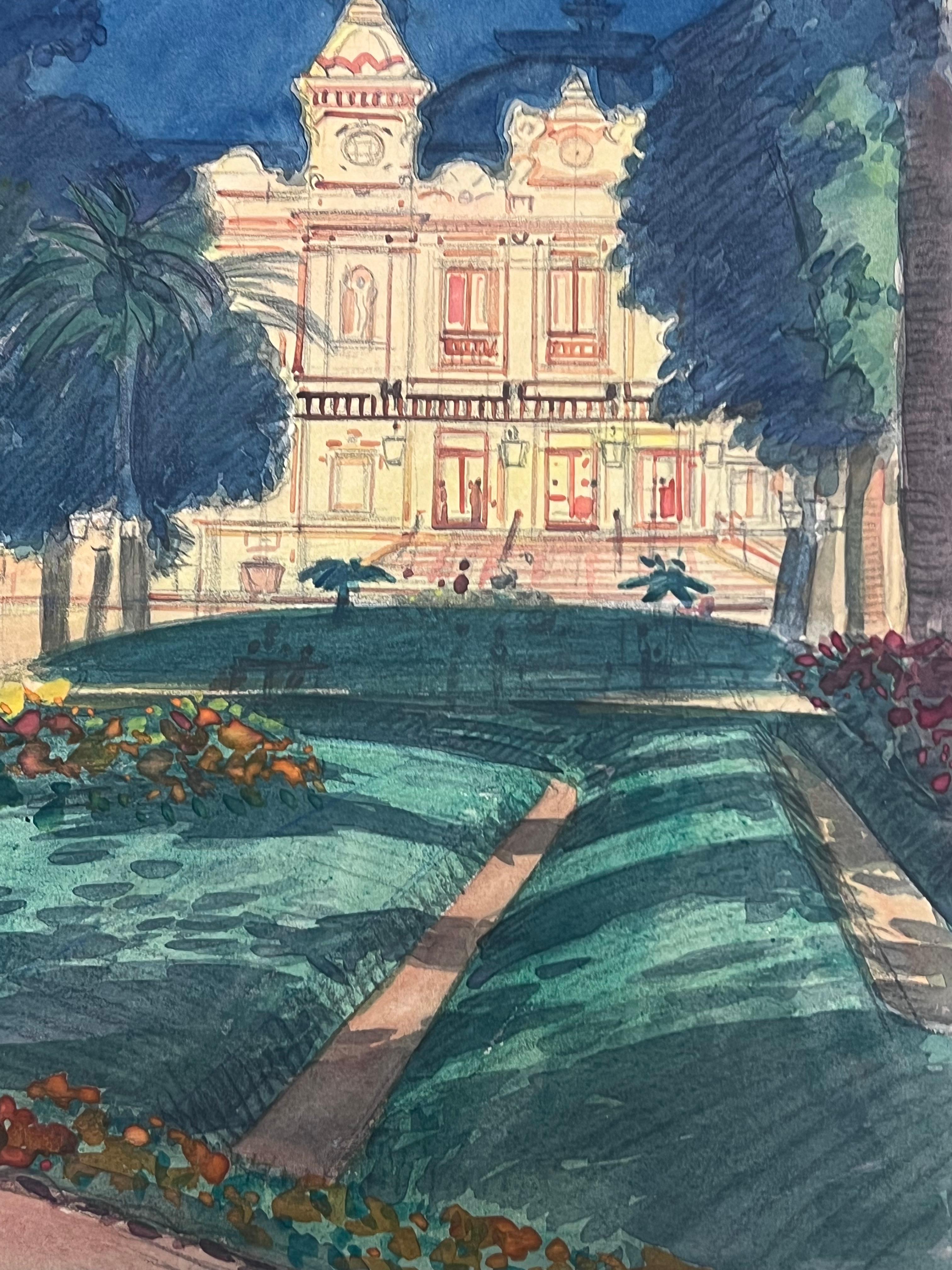 Casino de Montecarlo iluminado de noche Pintura francesa vintage en acuarela en venta 1