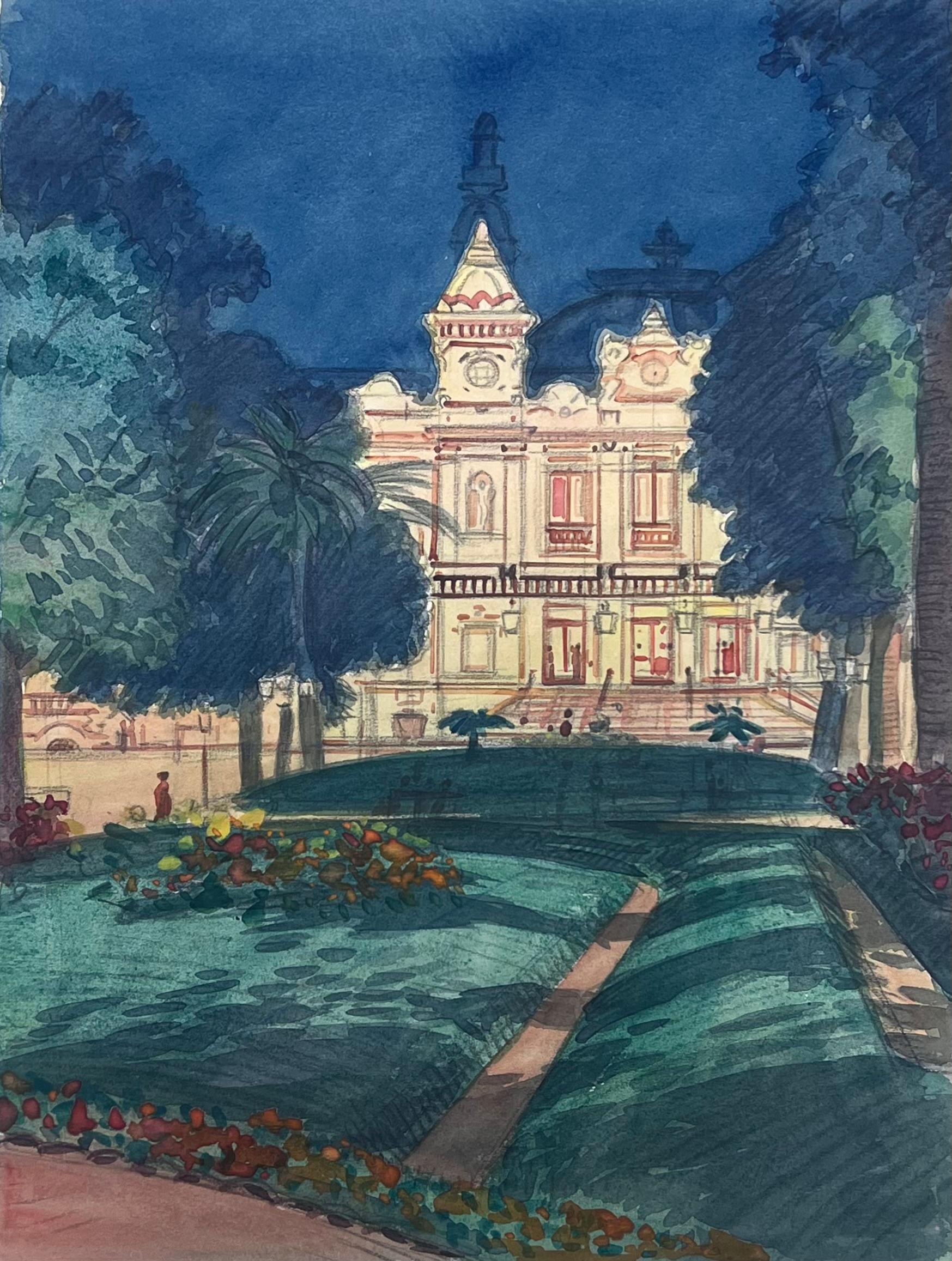 Landscape Art de  Tony Minartz  - Casino de Montecarlo iluminado de noche Pintura francesa vintage en acuarela