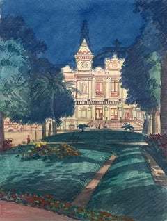 Beleuchtetes Monte Carlo Casino bei Nacht, Vintage Französisches Aquarellgemälde, Vintage