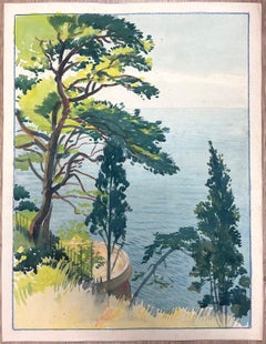 Jardin Exotique de Monaco Viewpoint Vintage French Watercolour Painting