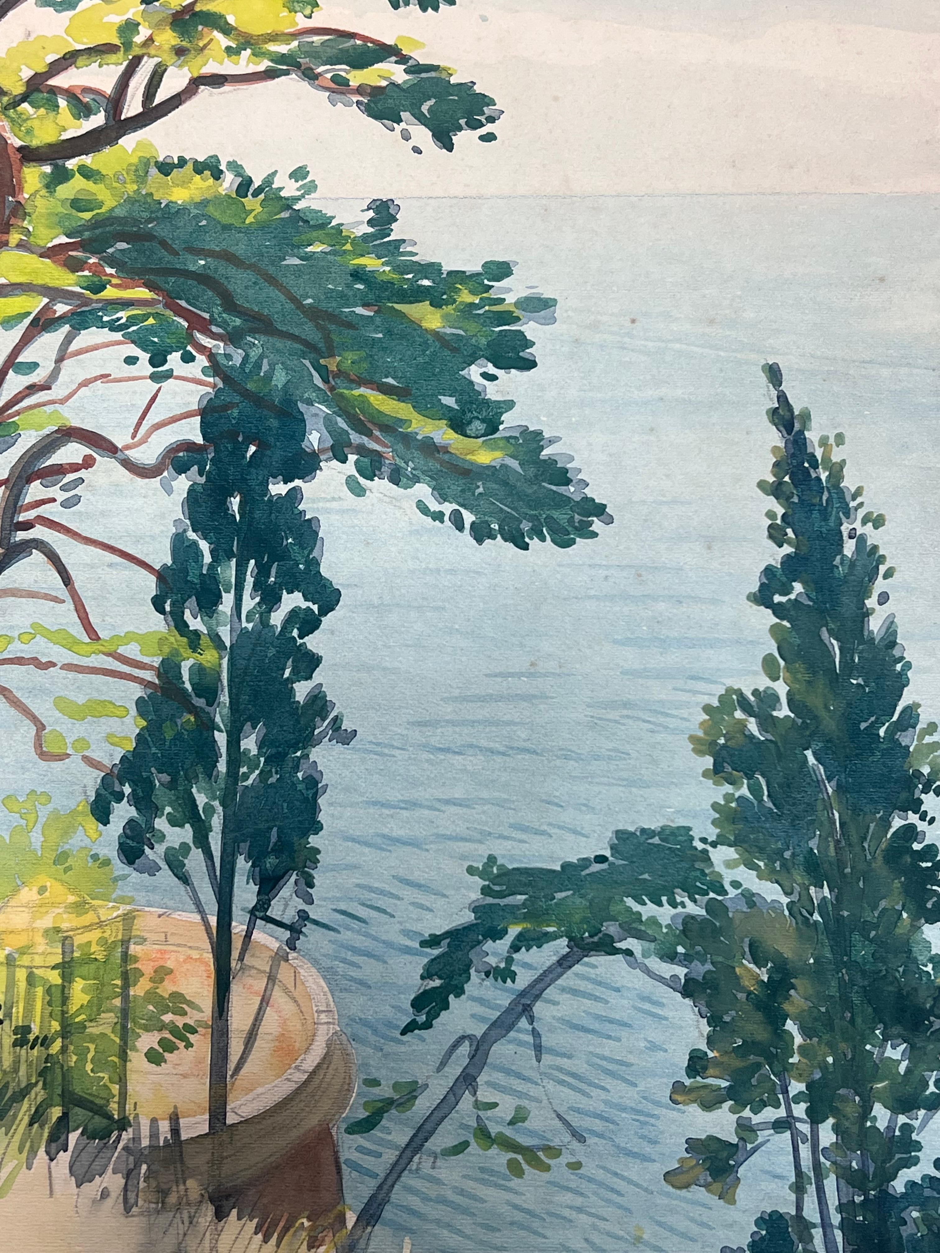 Jardin Exotique de Monaco Punto di vista Acquerello francese d'epoca in vendita 1