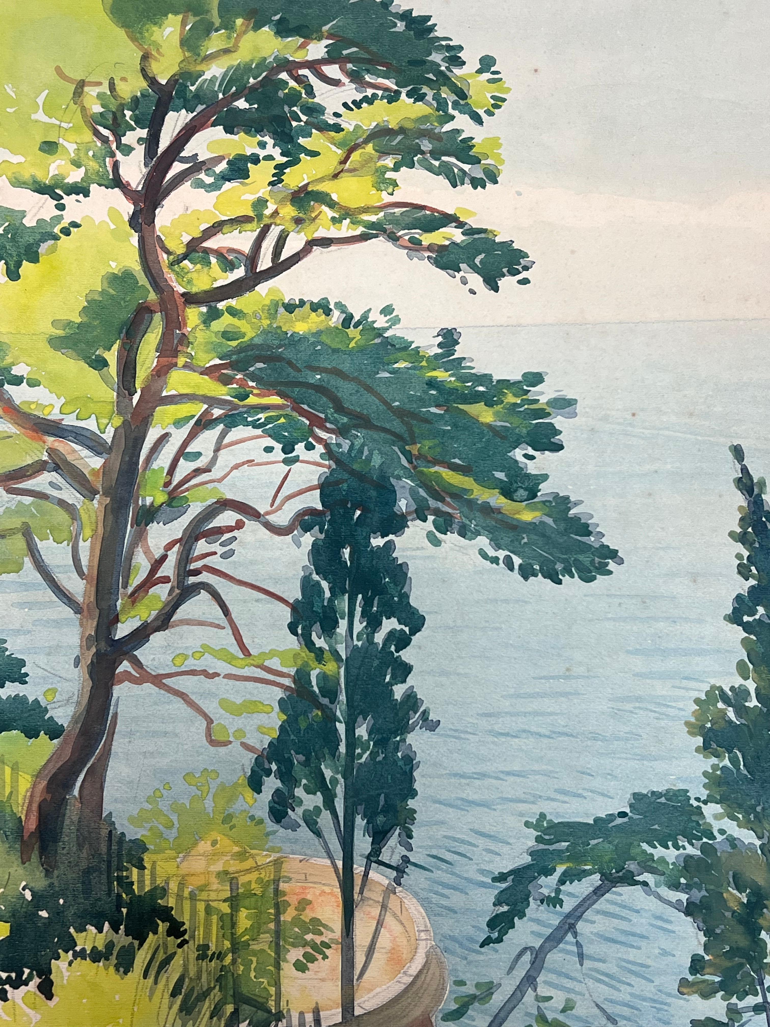 Jardin Exotique de Monaco Punto di vista Acquerello francese d'epoca in vendita 2