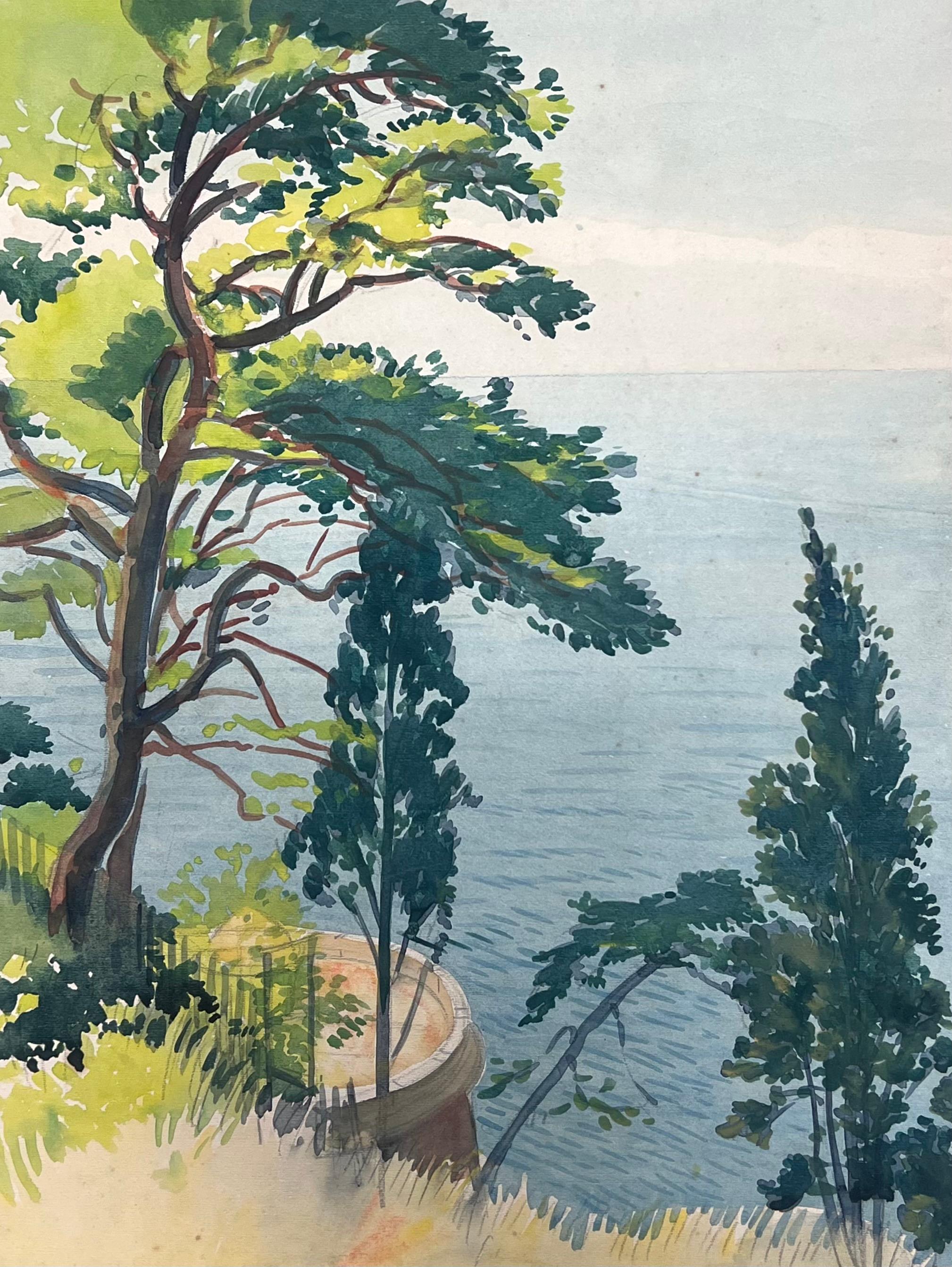 Landscape Art di  Tony Minartz  - Jardin Exotique de Monaco Punto di vista Acquerello francese d'epoca