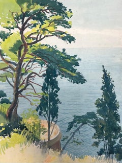 Jardin Exotique de Monaco Mirador Acuarela francesa vintage