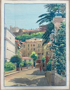 Monaco Street Scene Towards the Prince’s Palace Vintage French Watercolour