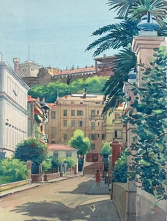 Monaco Straßenszene in Richtung des Prince's Palace Vintage Französisch Aquarell