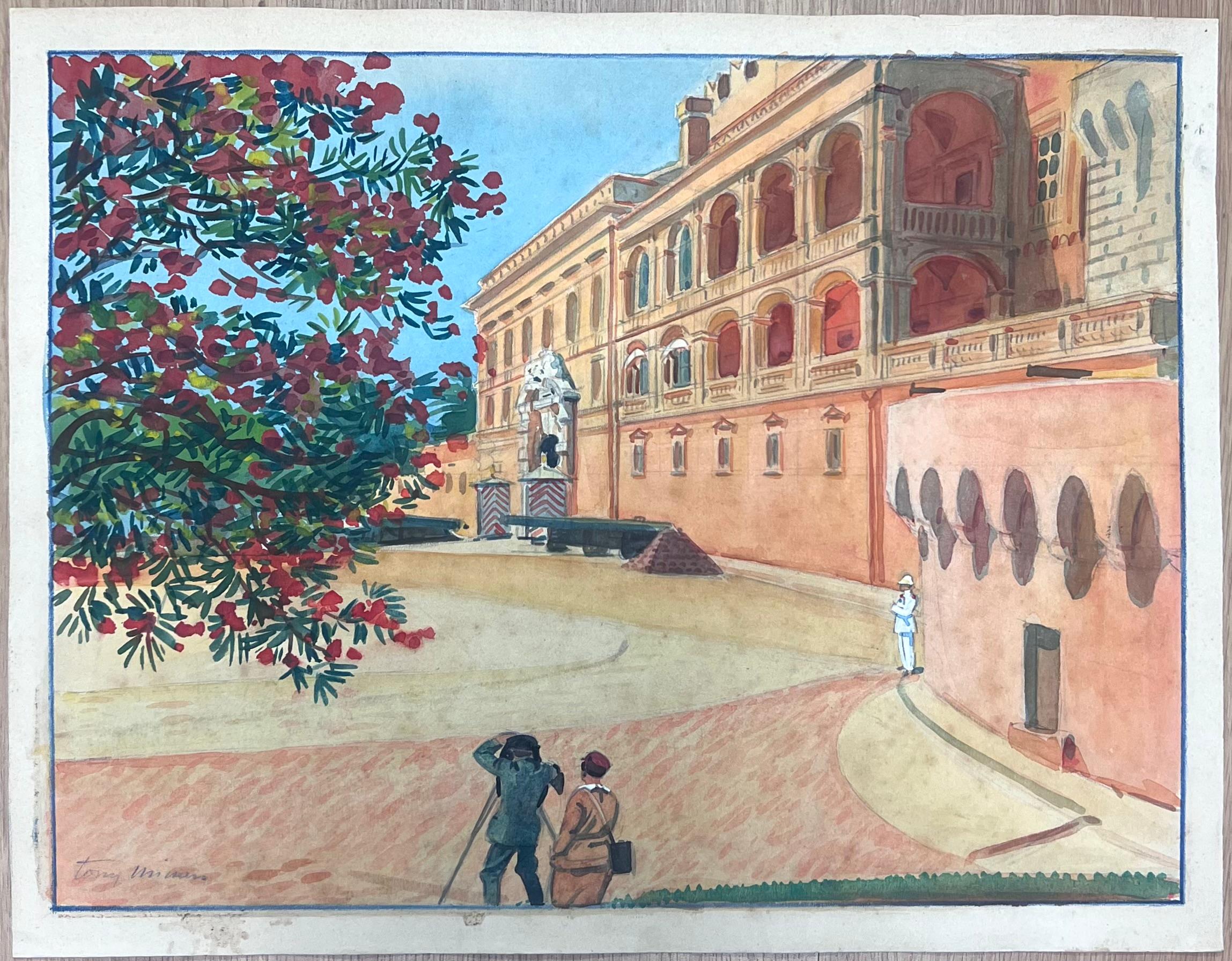 Paparazzi im Prince's Palace von Monaco Vintage Französisch Aquarell Gemälde – Painting von  Tony Minartz 