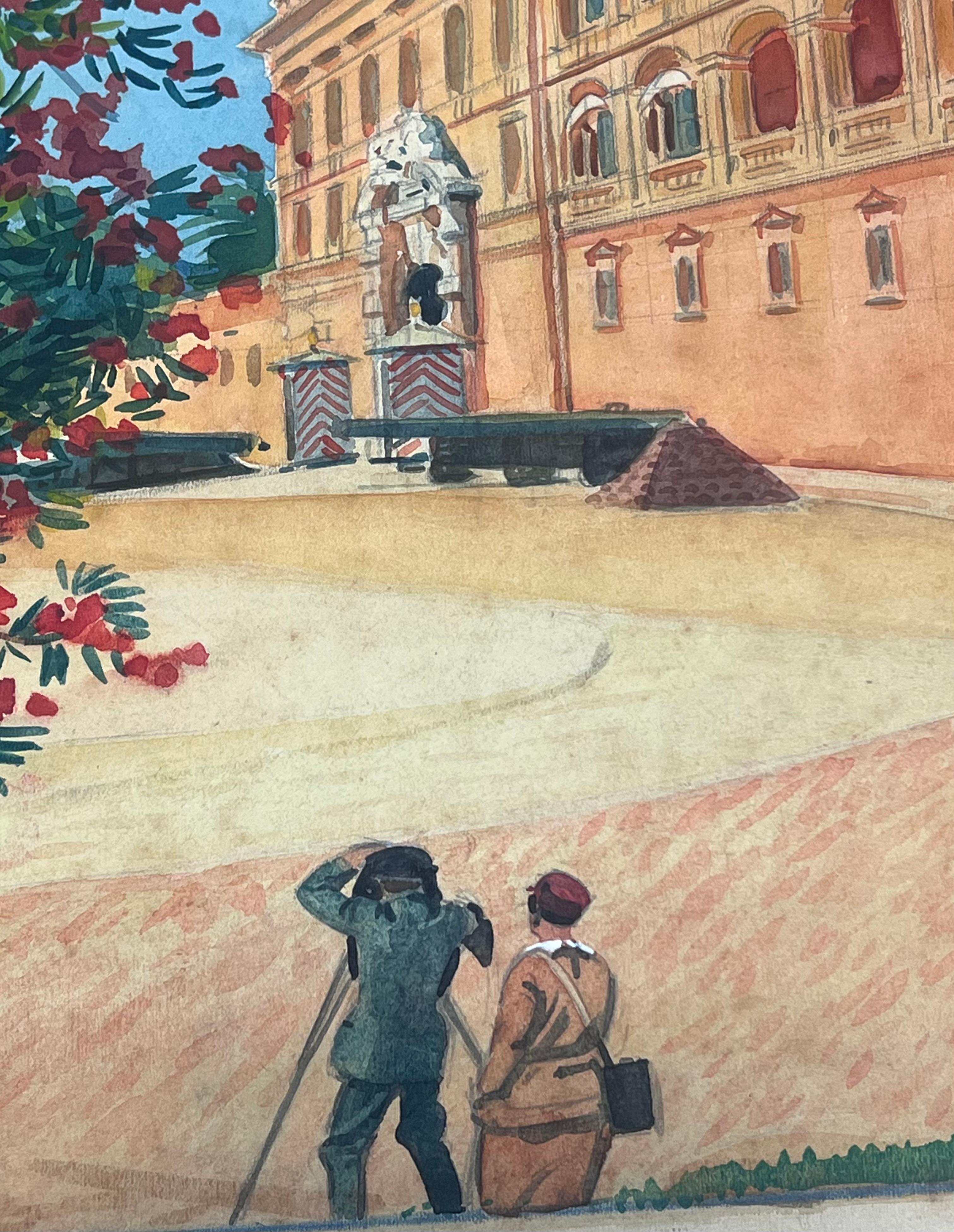 Paparazzi im Prince's Palace von Monaco Vintage Französisch Aquarell Gemälde (Post-Impressionismus), Painting, von  Tony Minartz 