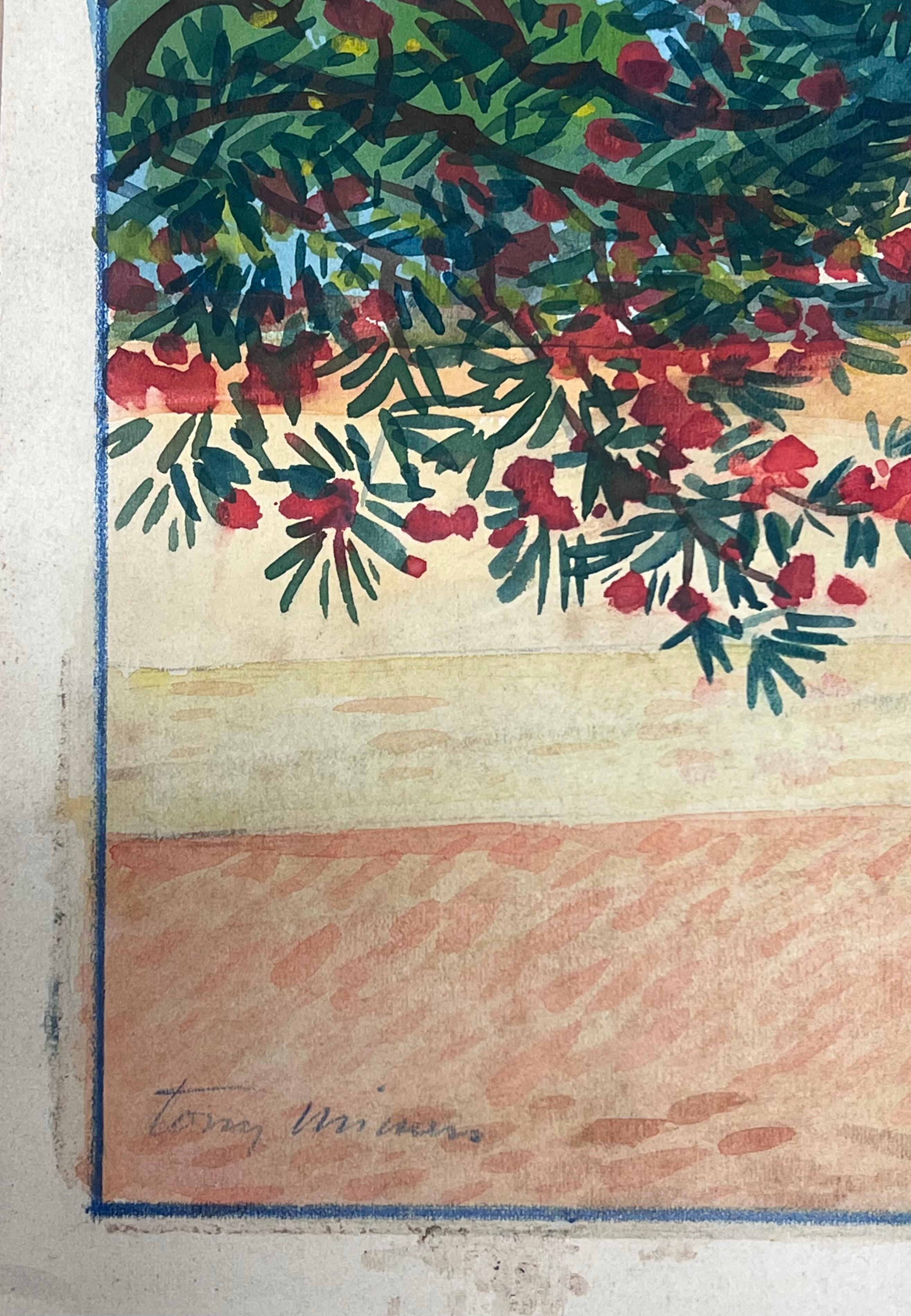 Paparazzi im Prince's Palace von Monaco Vintage Französisch Aquarell Gemälde (Braun), Landscape Painting, von  Tony Minartz 