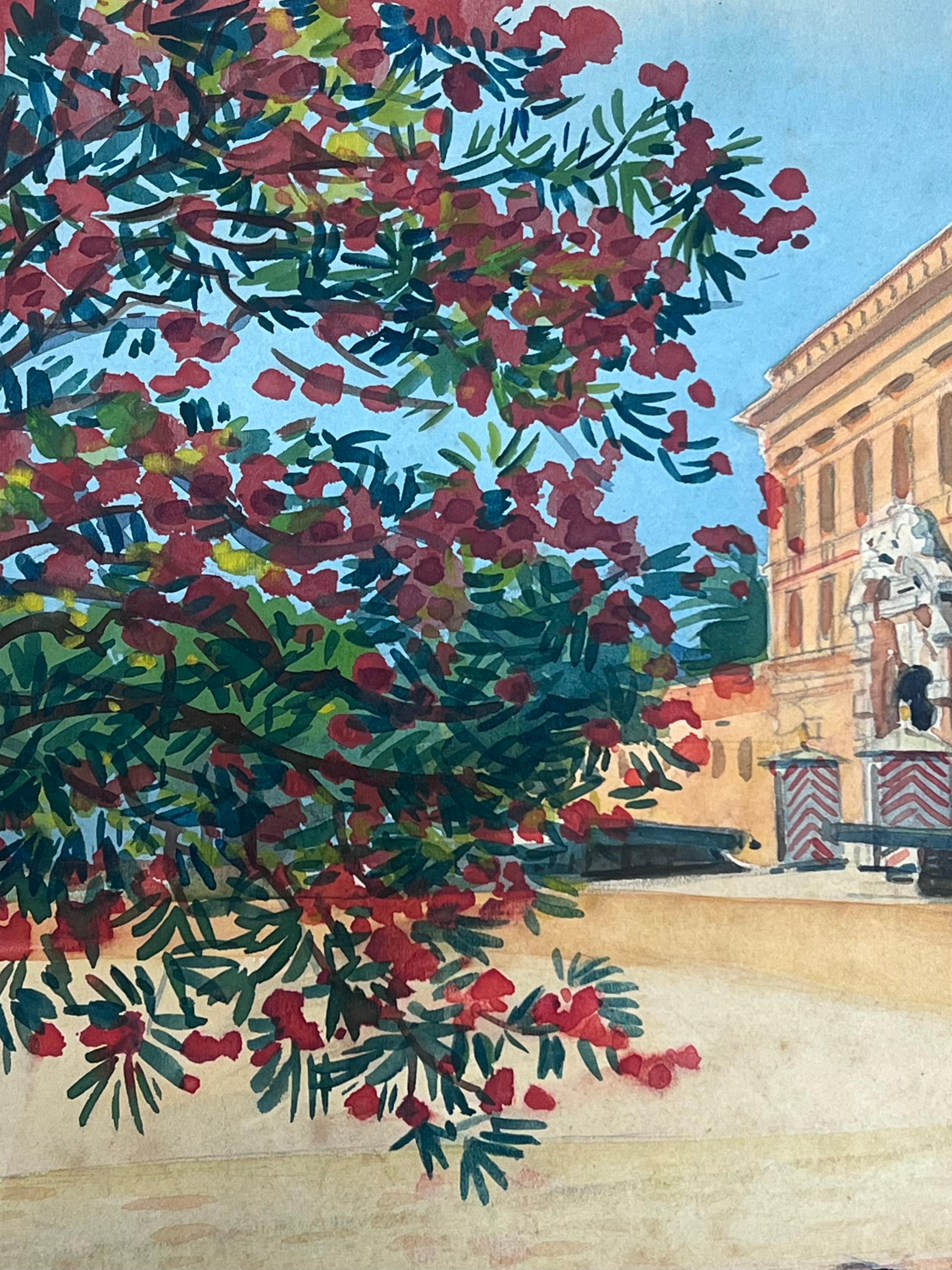 Paparazzi im Prince's Palace von Monaco Vintage Französisch Aquarell Gemälde im Angebot 1