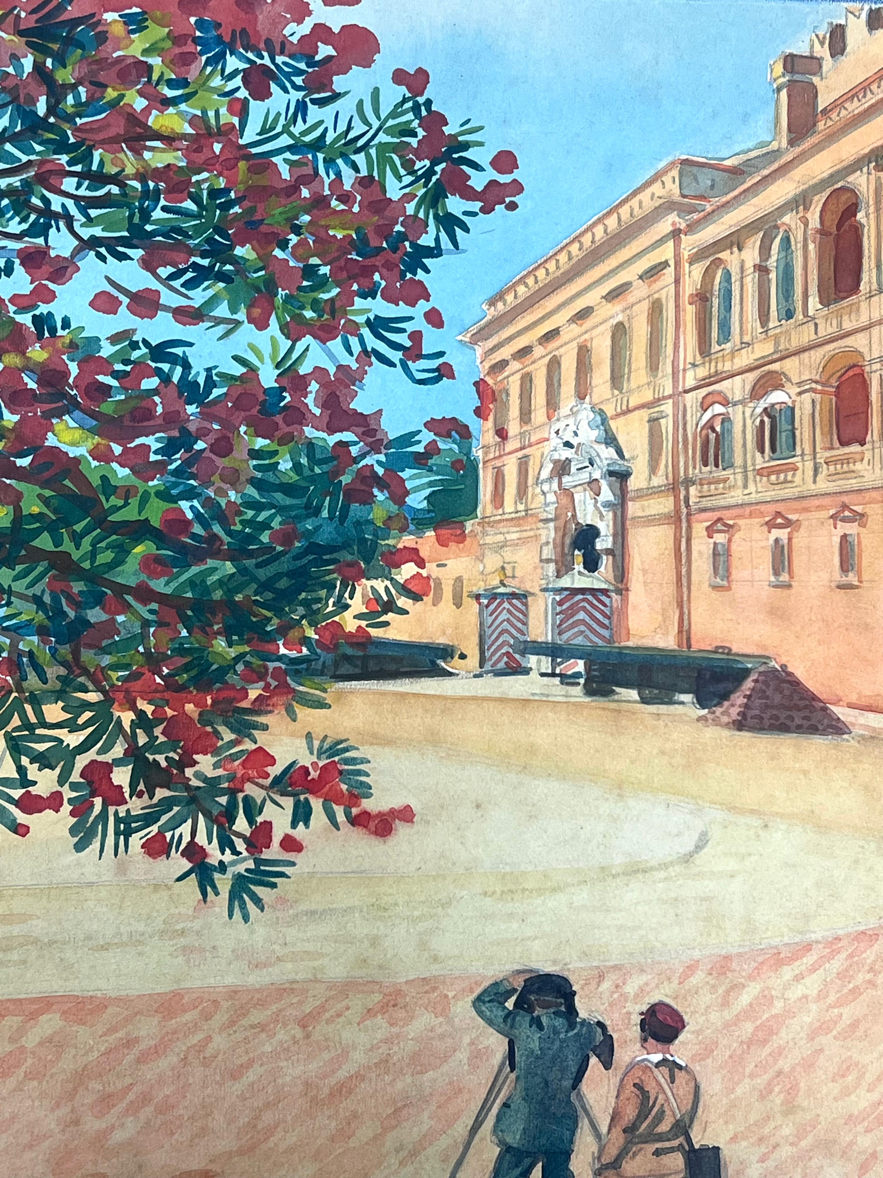 Paparazzi im Prince's Palace von Monaco Vintage Französisch Aquarell Gemälde im Angebot 2