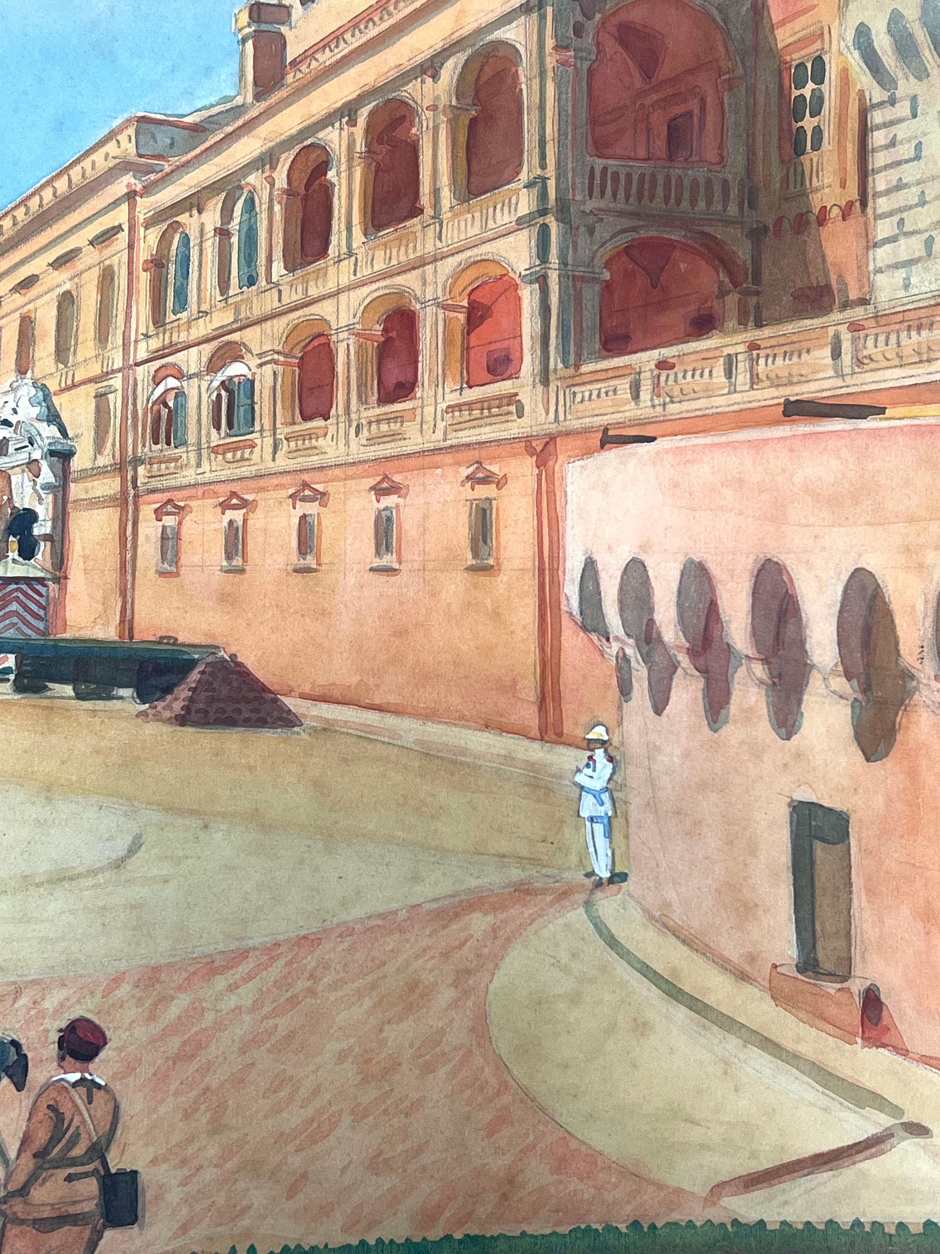 Paparazzi im Prince's Palace von Monaco Vintage Französisch Aquarell Gemälde im Angebot 3