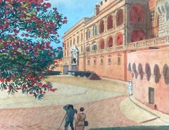 Paparazzi en el Palacio del Príncipe de Mónaco Acuarela francesa vintage