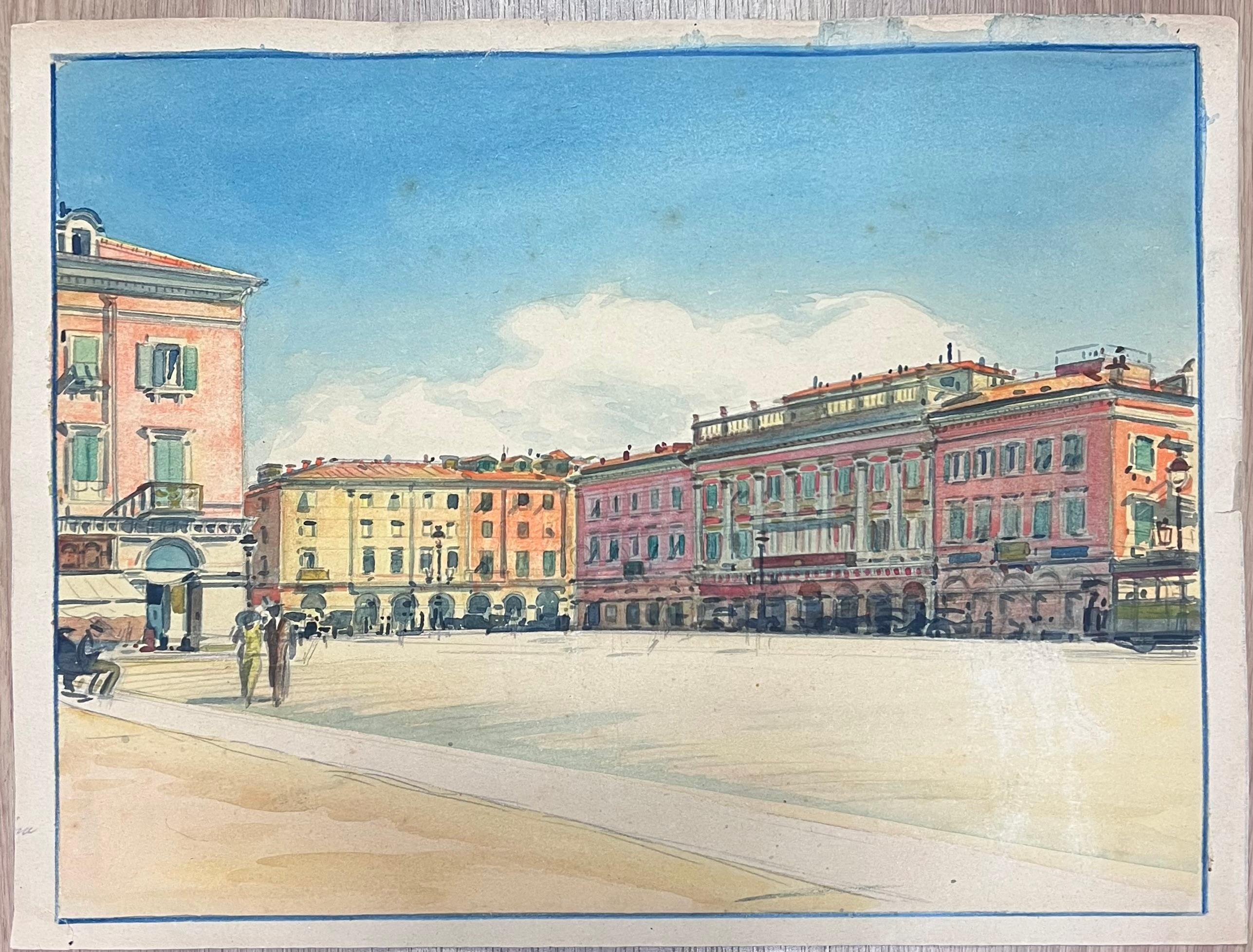 Quiet Sunlit Grand Plaza Square in Nice France Vintage French Watercolour - Art by  Tony Minartz 