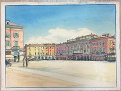 Quiet Sunlit Grand Plaza Square in Nice France Vintage French Watercolour